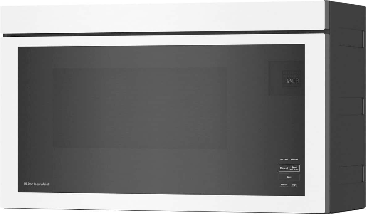The image features a microwave oven, which is a white and black appliance. It is placed on a white background, making it stand out. The microwave is a modern and sleek design, and it is likely used for heating and cooking food.