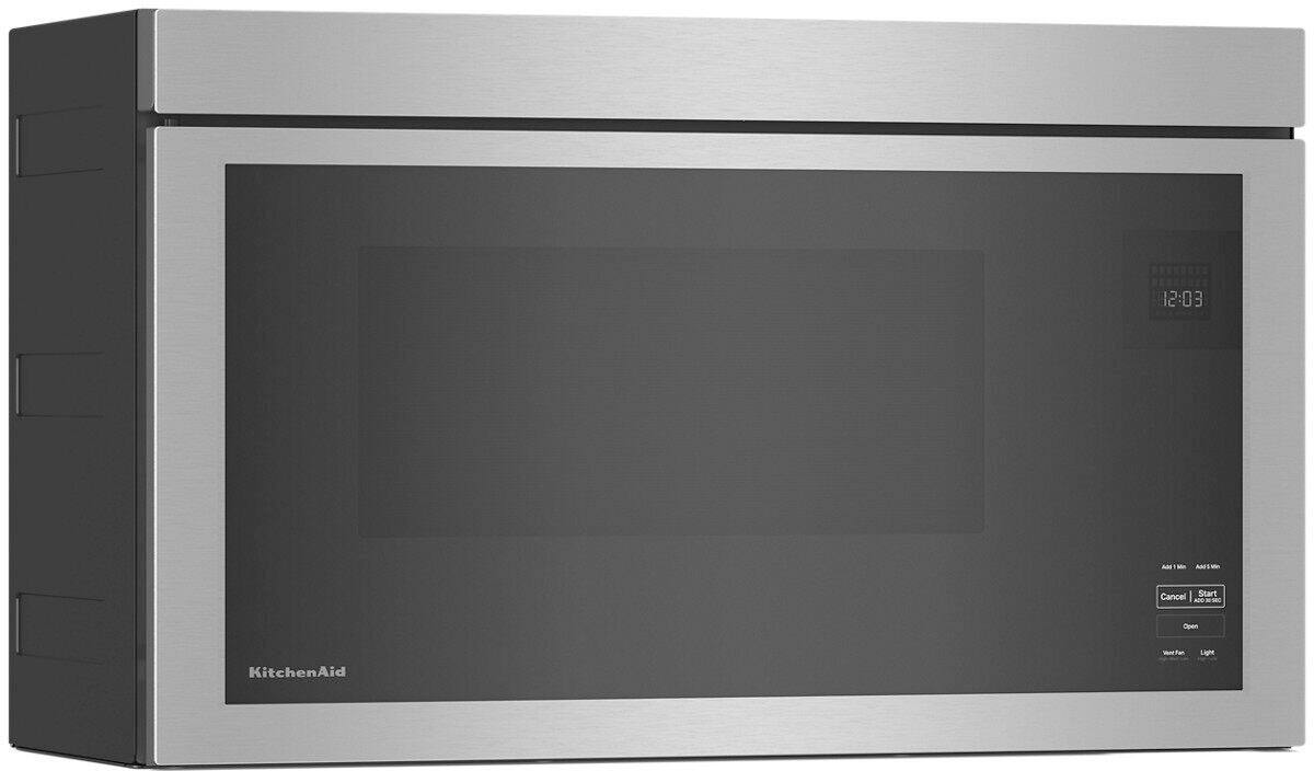 The image features a stainless steel microwave oven with a black door. The microwave is a modern and sleek design, with a silver exterior that adds a touch of elegance to any kitchen setting. The oven is equipped with a digital display and a control panel, making it easy to operate and navigate. The dimensions of the microwave are 17-7/8" H x 12-3/4" D x 30" W, making it a suitable choice for a variety of kitchen spaces.