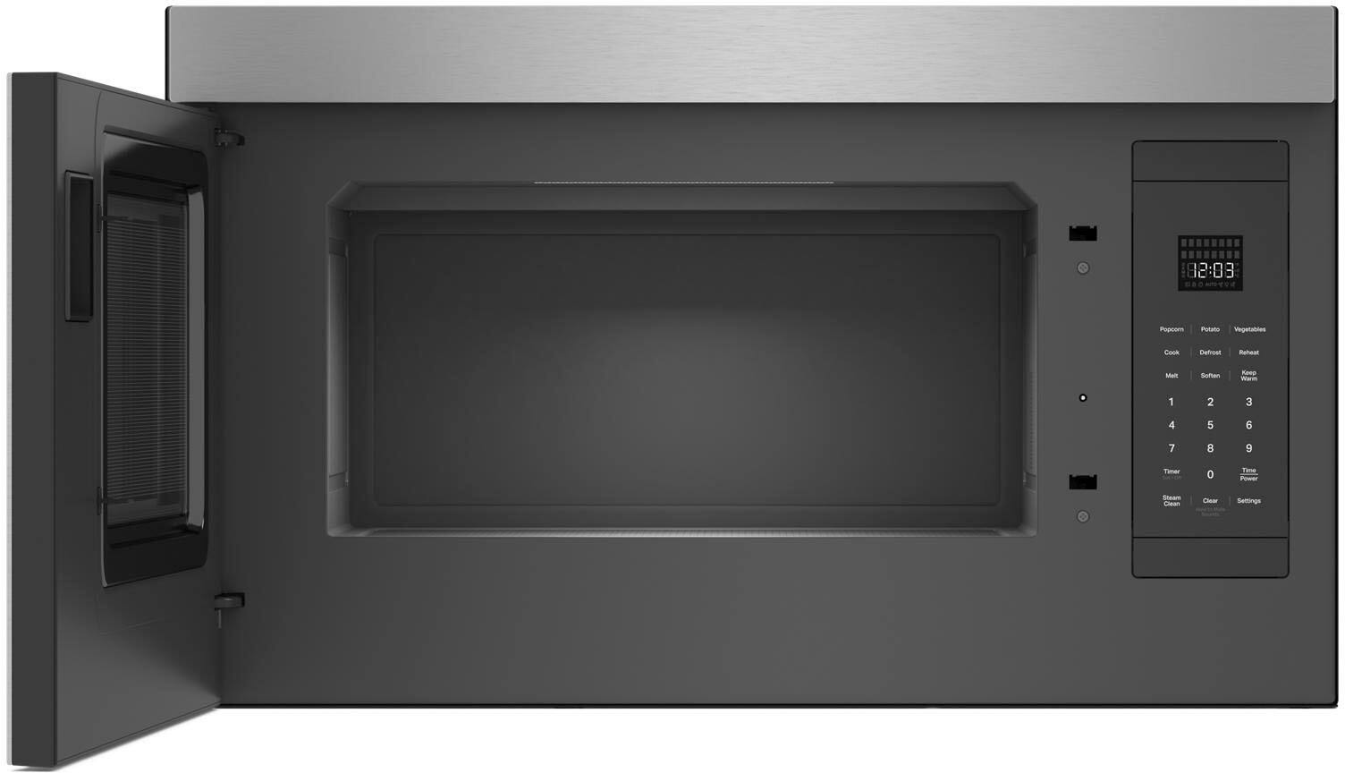 The image features a black microwave oven with a digital display. The display shows the time as 12:03. The microwave is empty, with no food items inside. The oven is open, revealing the interior.