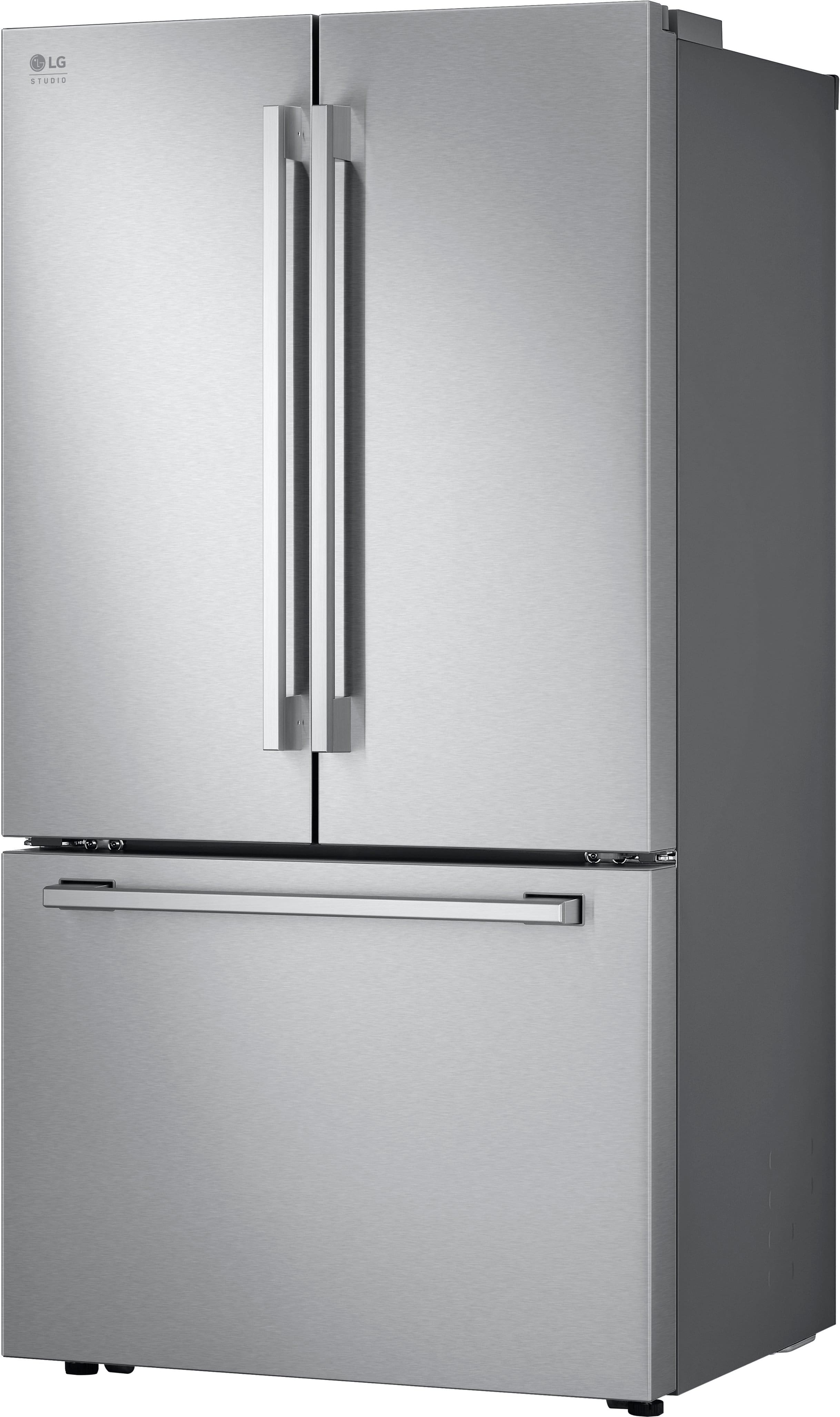 Left. LG - STUDIO Counter-Depth MAX 26.5 Cu. Ft. French Door Smart Refrigerator with Internal Water Dispenser - Printproof Stainless Steel.