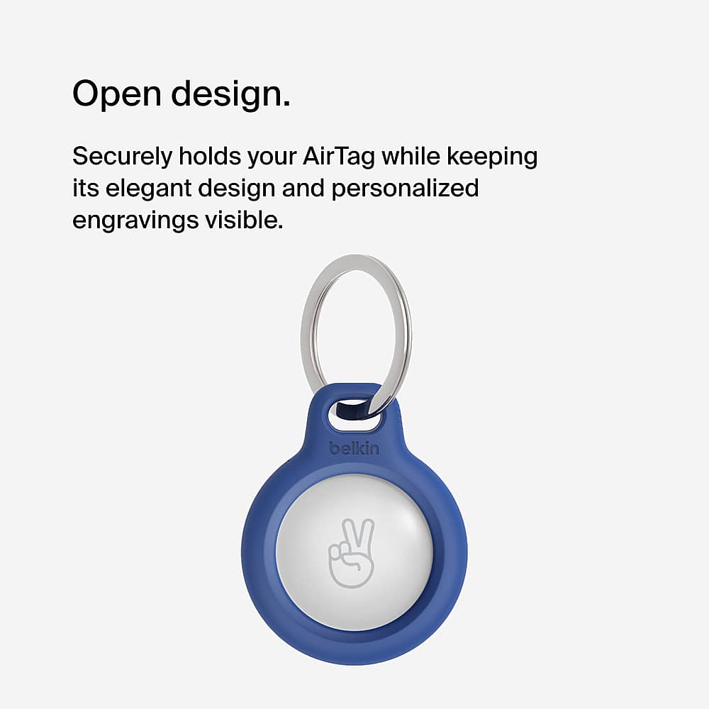 The text on the image reads "Open design. Securely holds your AirTag while keeping its elegant design and personalized engravings visible. belkin."