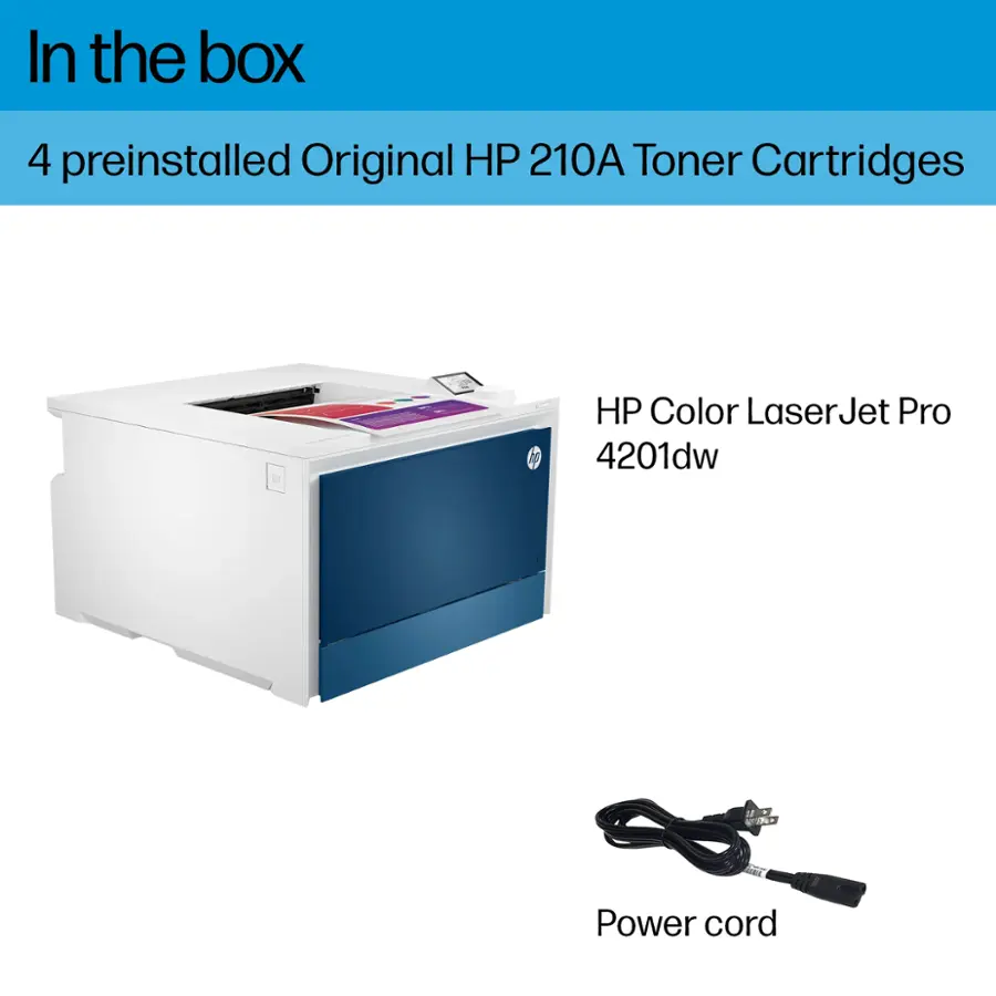 In the box, you will find 4 preinstalled Original HP 210A Toner Cartridges, along with a HP Color LaserJet Pro 4201dw printer. Additionally, there is a power cord included in the package.