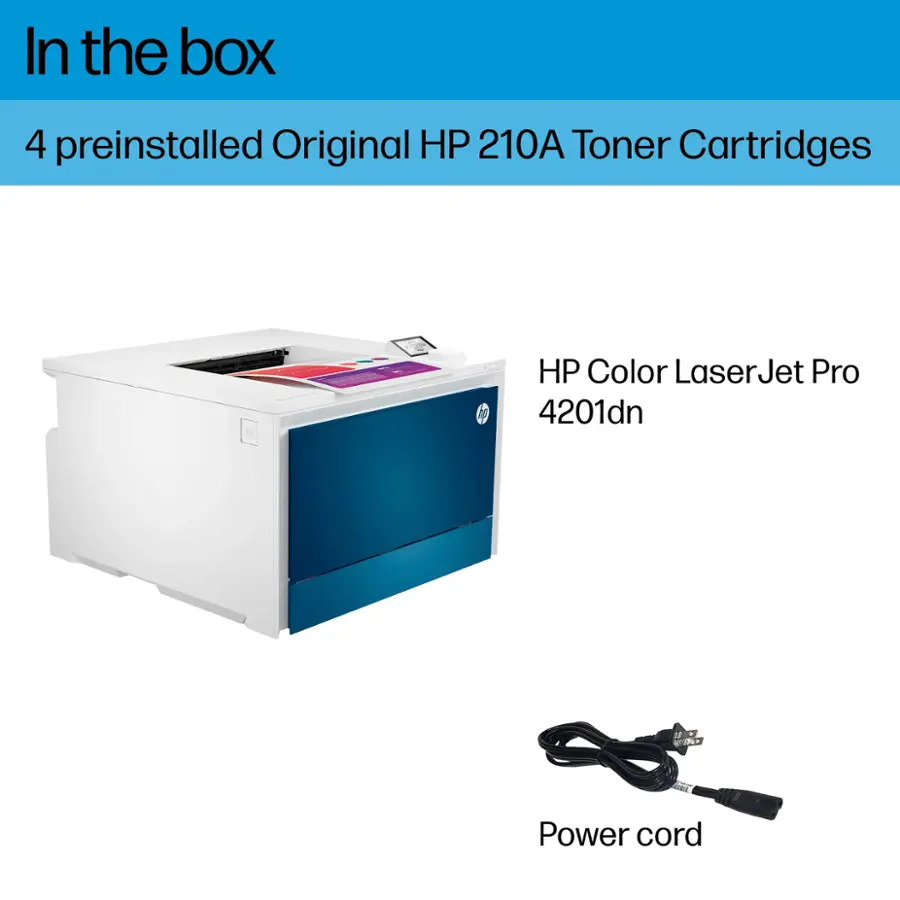 In the box, there are four preinstalled Original HP 210A Toner Cartridges. The printer is an HP Color LaserJet Pro 4201dn. Additionally, a power cord is included.