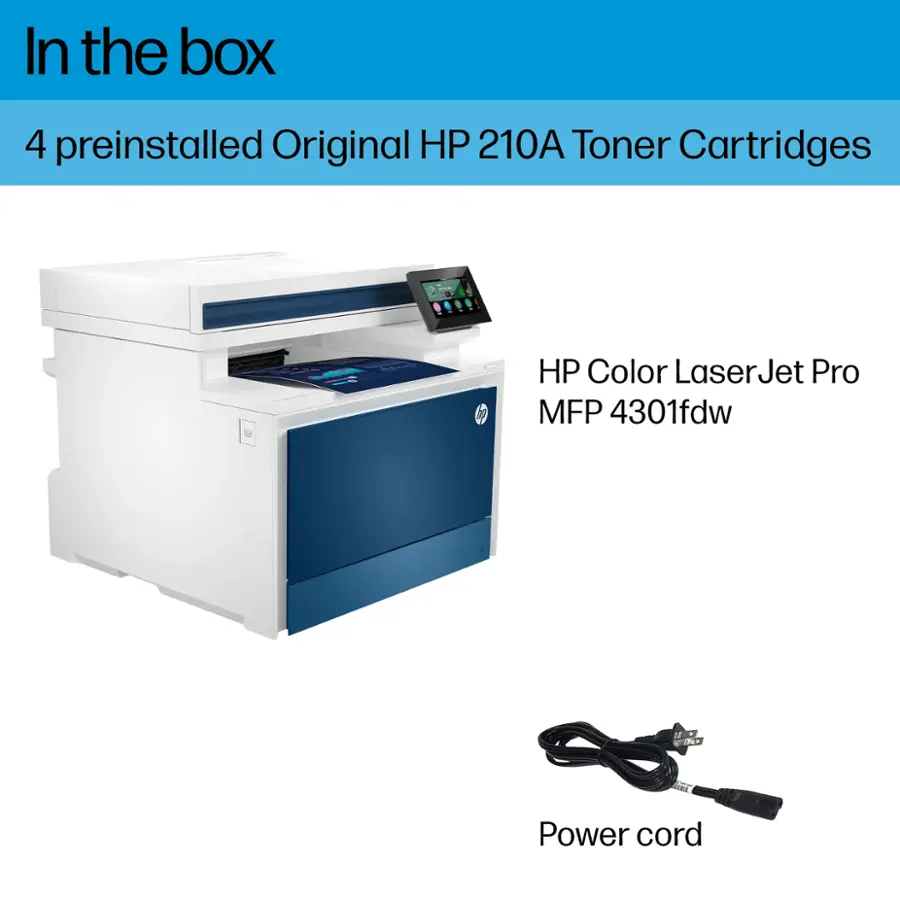 The image features a white HP Color LaserJet Pro MFP 4301fdw printer with a blue front. The printer is accompanied by four preinstalled Original HP 210A Toner Cartridges, a power cord, and a printer manual. The printer is designed for high-quality printing and offers a range of features to enhance productivity.