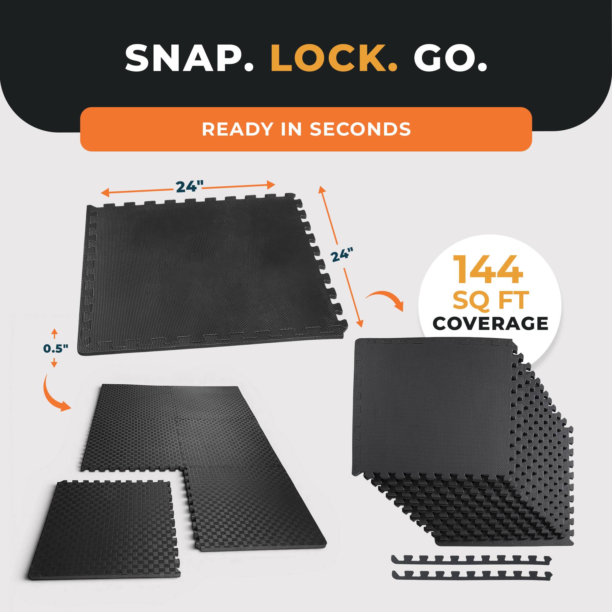 SNAP. LOCK. GO.  
READY IN SECONDS  
24"  
24"  
144 SQ FT COVERAGE  
0.5"