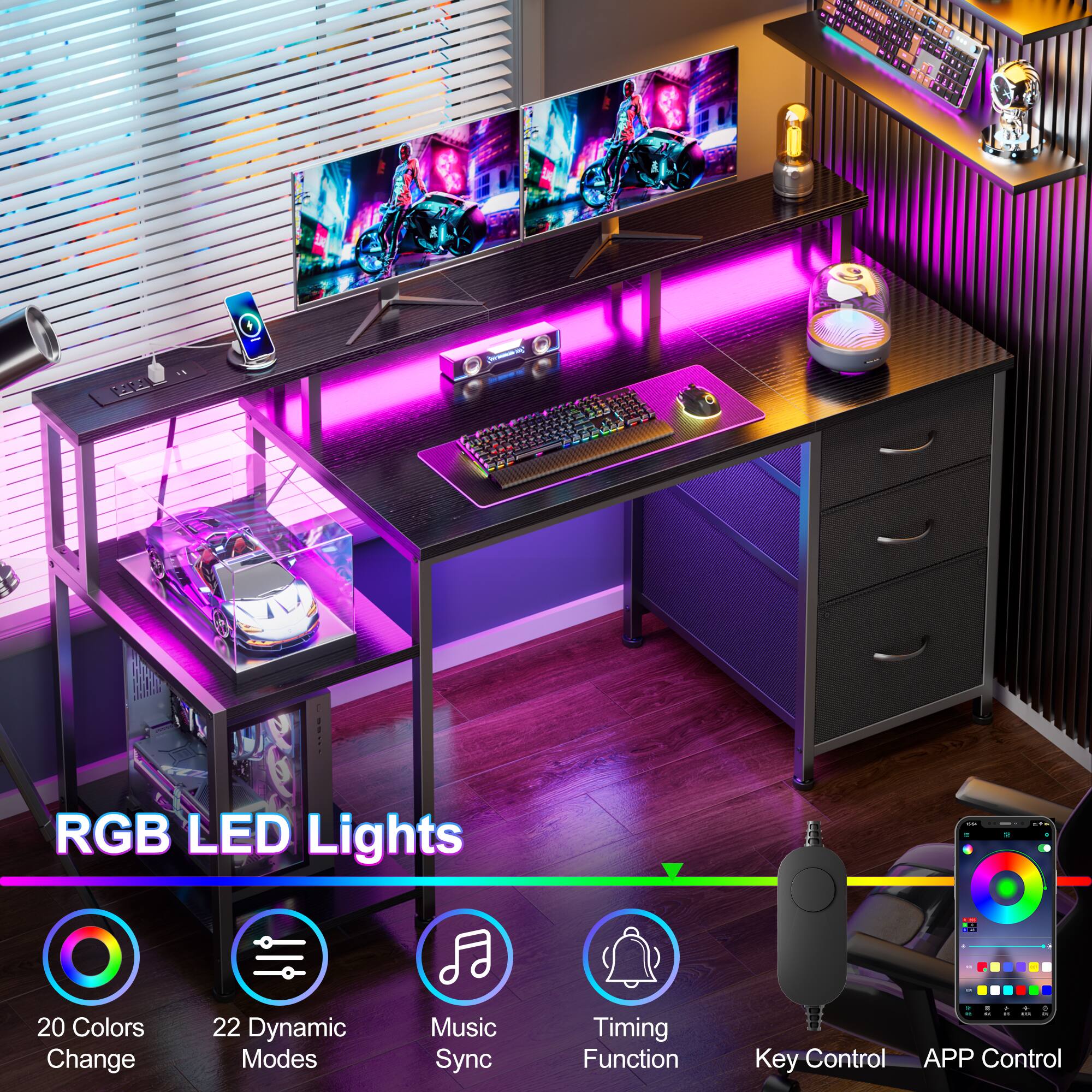 RGB LED Lights - 20 Colors Change, 22 Dynamic Modes, Music Sync, Timing Function, Key Control, APP Control