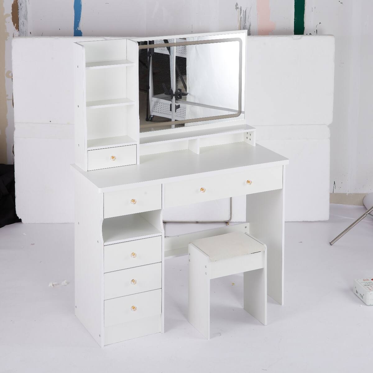 Alt View 3. Loheer - Loheer 41 inch makeup vanity table with mirror and stool, White MDF, Touch Control LED Mirror - White.
