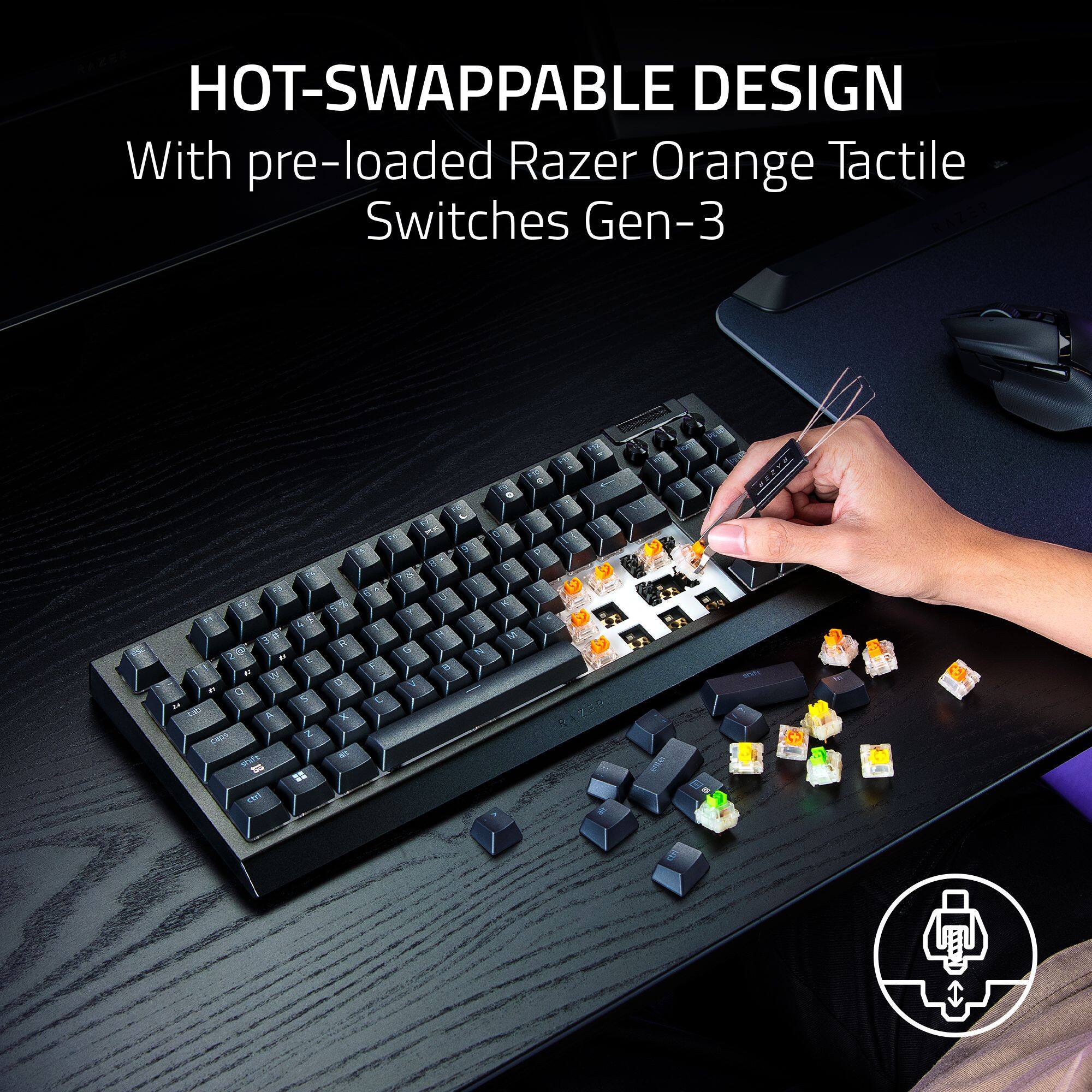 HOT-SWAPPABLE DESIGN With pre-loaded Razer Orange Tactile Switches Gen-3 . A 1 - A L 1 C 6 . E M I 2 & A E -  cen .  A. - t bo V  a A  RAZEN