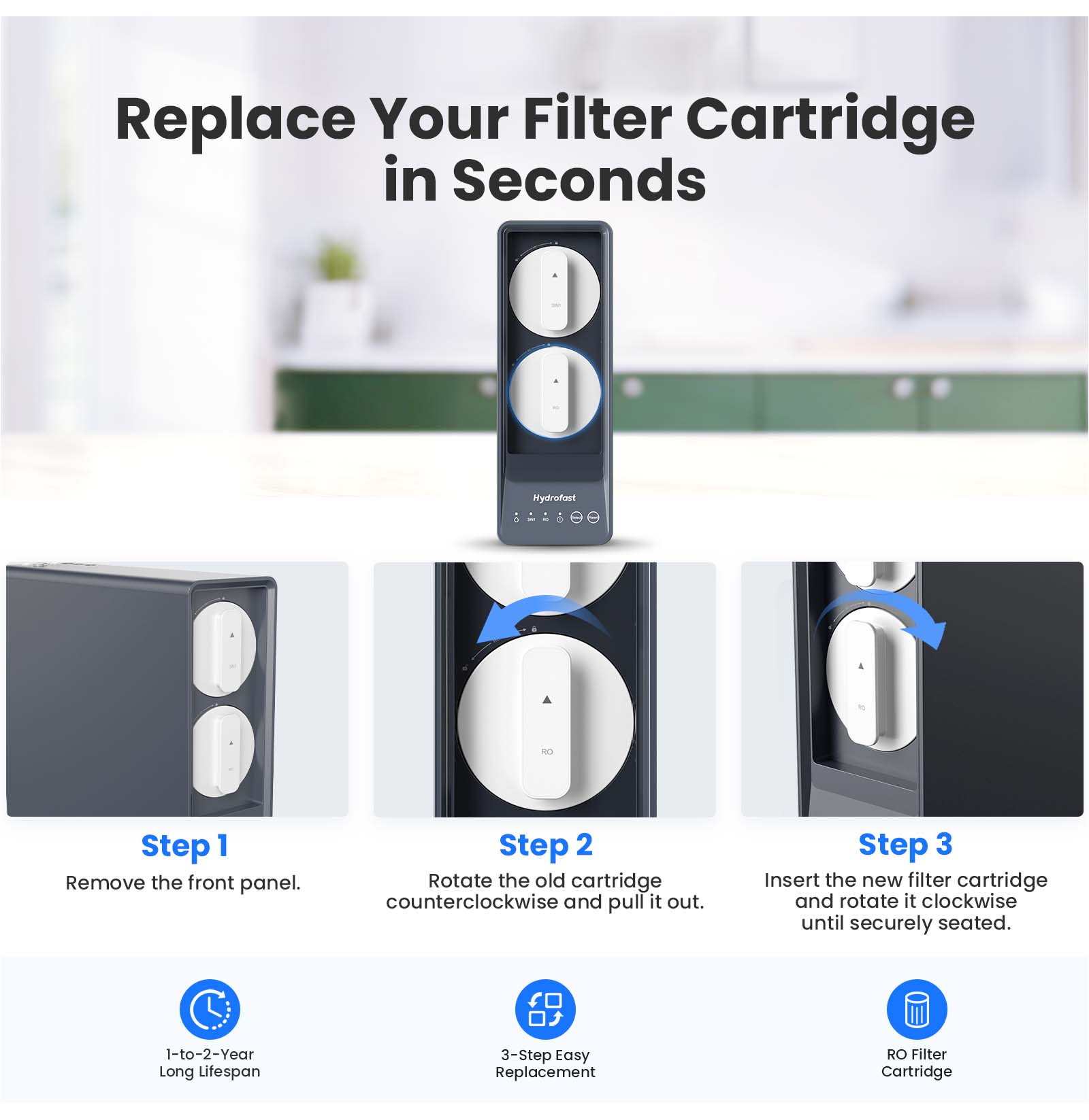 Replace Your Filter Cartridge in Seconds

Step 1  
Remove the front panel.

Step 2  
Rotate the old cartridge counterclockwise and pull it out.

Step 3  
Insert the new filter cartridge and rotate it clockwise until securely seated.

1-to-2-Year Long Lifespan  
3-Step Easy Replacement  
RO Filter Cartridge