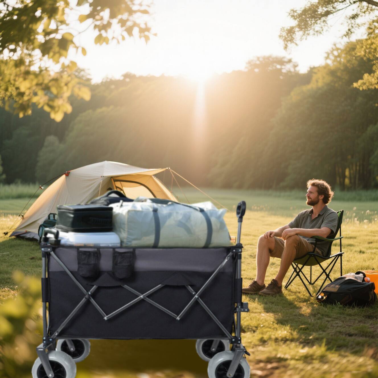 Alt View 2. Mondawe - 300L XL Folding Wagon Utility Carts w/ All-Terrain Wheels, Brakes and Cup Holders - Black.