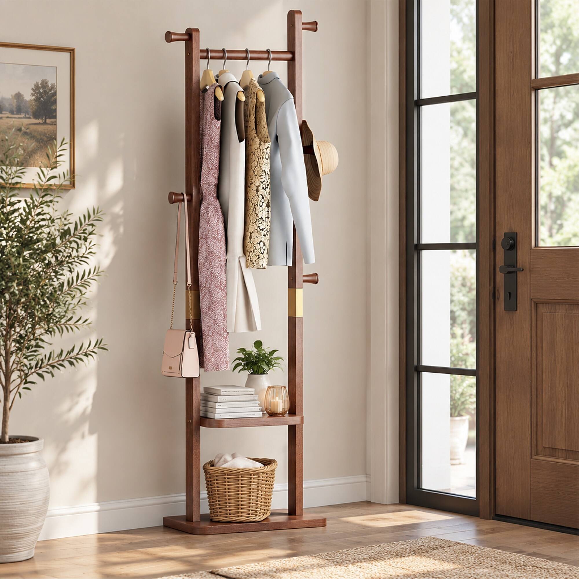 Front. RYHNUYNE - Solid Wood Coat Rack, 23.6 x 11 x 70.8 in, Walnut Finish, Free Standing Hall Tree for Entryway - Walnut.