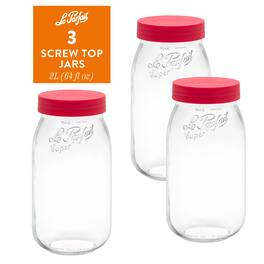 Le Parfait - Screw Top Jar - 2L Wide Mouth French Glass Canning Jar w/ Color Plastic Lid, 64oz/2 Quarts (Pack of 3) - Red