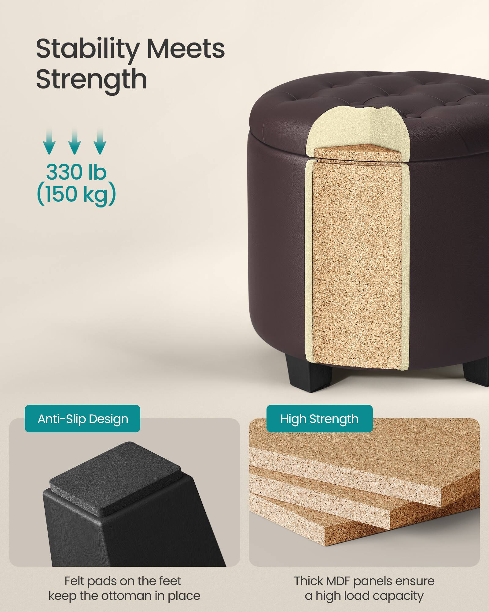 Stability Meets Strength

330 lb (150 kg)

Anti-Slip Design  
Felt pads on the feet keep the ottoman in place

High Strength  
Thick MDF panels ensure a high load capacity