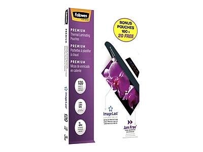 Fellowes  
PREMIUM Thermal Laminating Pouches  
PREMIUM Pochettes à plastifier à chaud  
PREMIUM Micas de empaque en caliente  

120 pouches  
120 micas  
120 pochettes  

BONUS POUCHES 100 + 20 FREE  

Image Last  
3x more durable than standard laminating pouches  

Jam Free  
No jamming, no mess  

120 sheets