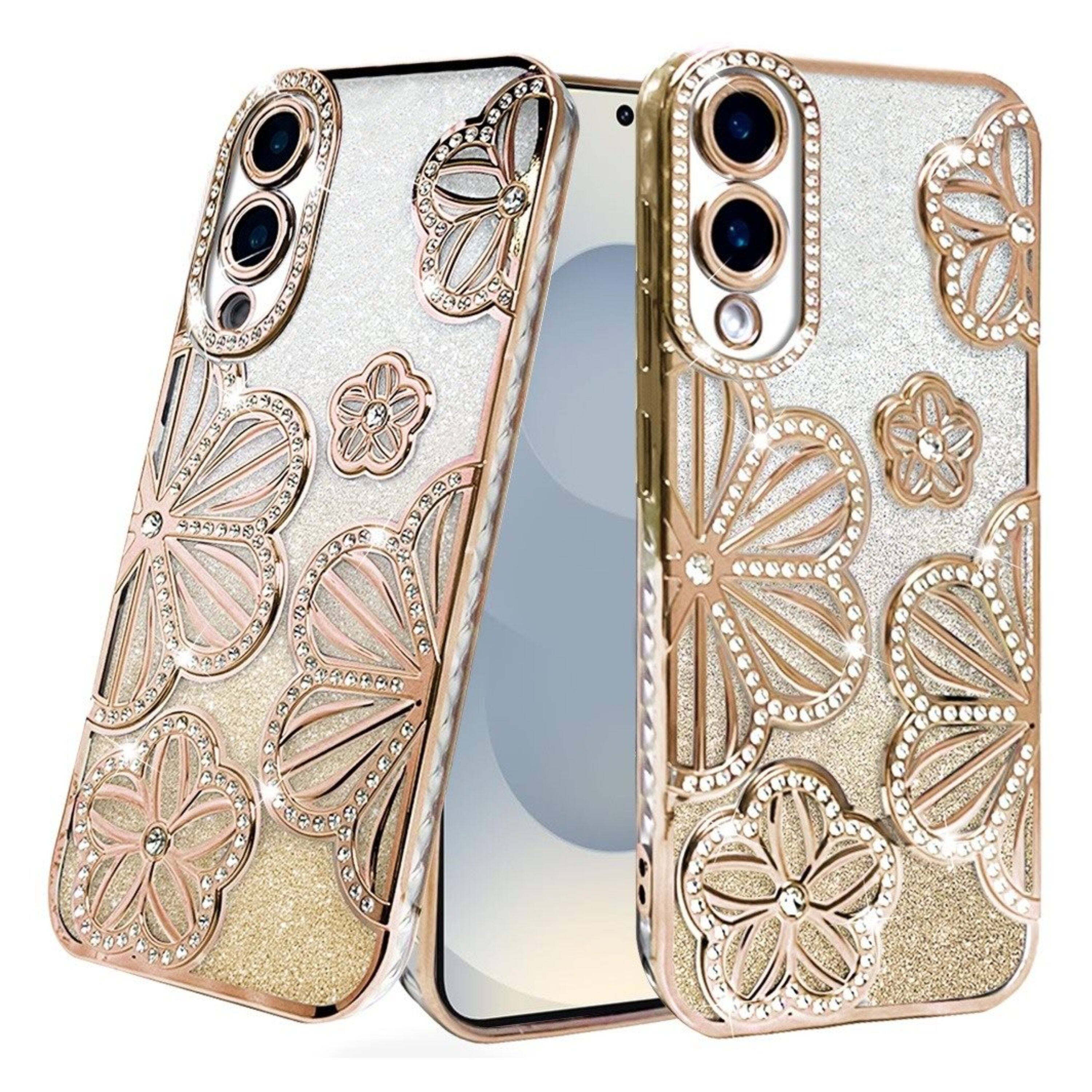 Front. Kitcheniva - Floral 3D Glitter Phone Cover With Tempered Glass For Samsung Galaxy S25 Edge Gold - Gold.