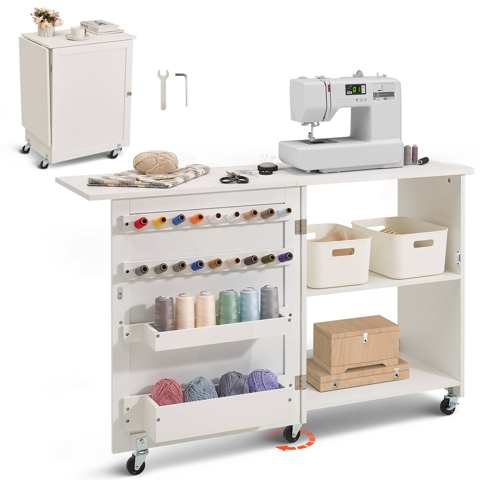 Front. VEVOR - Folding Sewing Table, Multipurpose Sewing Machine Table with Compact Design, Wheels, Shelves, Storage Trays, Wooden Pegs - White.