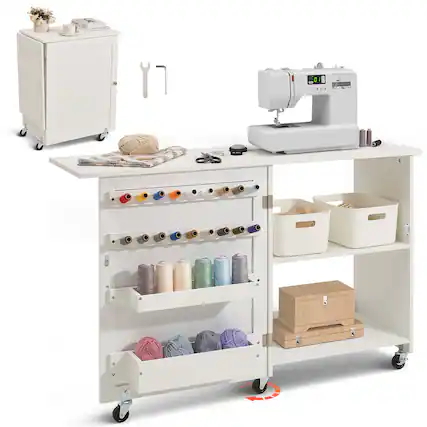 Front. VEVOR - Folding Sewing Table, Multipurpose Sewing Machine Table with Compact Design, Wheels, Shelves, Storage Trays, Wooden Pegs - White.