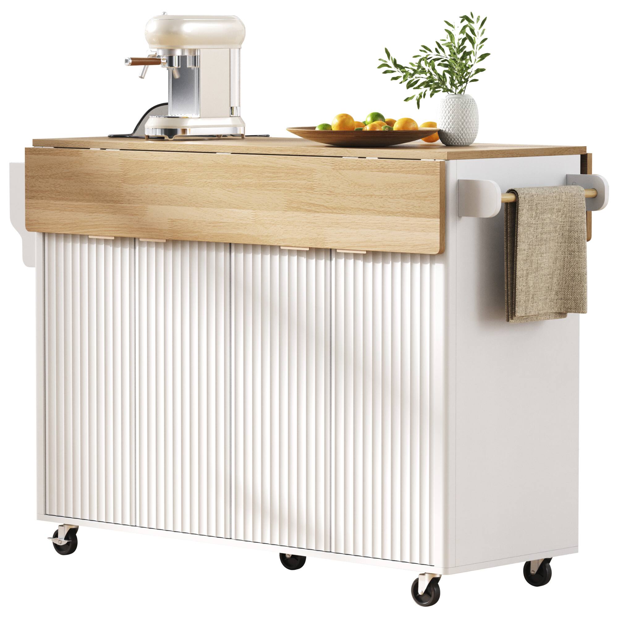 Alt View 7. Forest'nSky - 55.5" Fluted Kitchen Island, 4 Doors & Spice Rack, 2 Drop Leaf with Wood-Grain Top, Curved Edge, White - White.