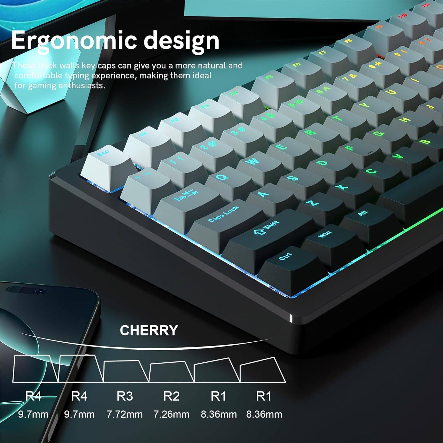 Ergonomic design  
These thick walls key caps can give you a more natural and comfortable typing experience, making them ideal for gaming enthusiasts.  

CHERRY  
R4 9.7mm  
R4 9.7mm  
R3 7.72mm  
R2 7.26mm  
R1 8.36mm  
R1 8.36mm