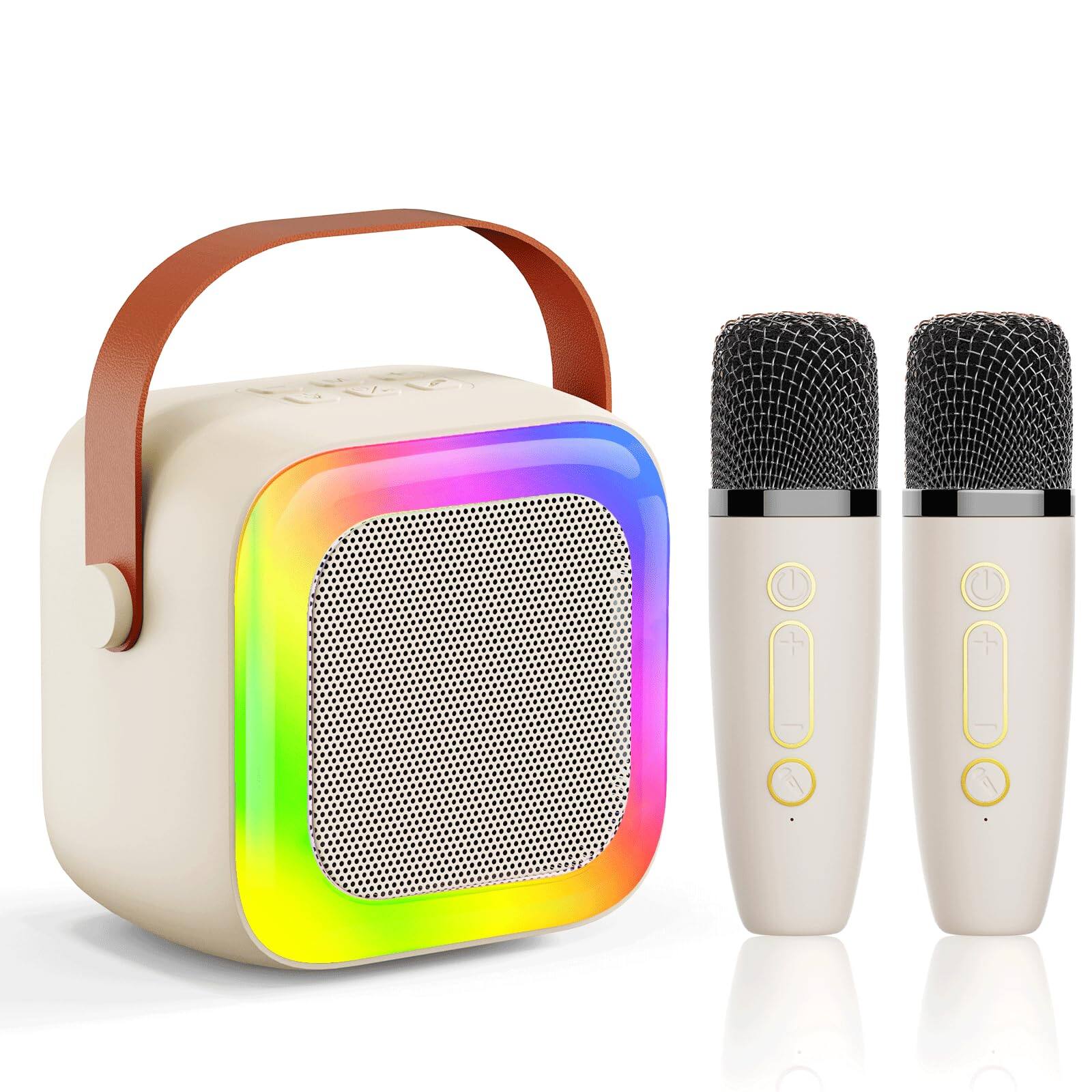 Front. Cozy Serene - Led Light Mini Karaoke Machine For Teen Adults With 2 Wireless Microphones And Led Lights Toys Party Home Gifts 4 5 6 7 - Beige.