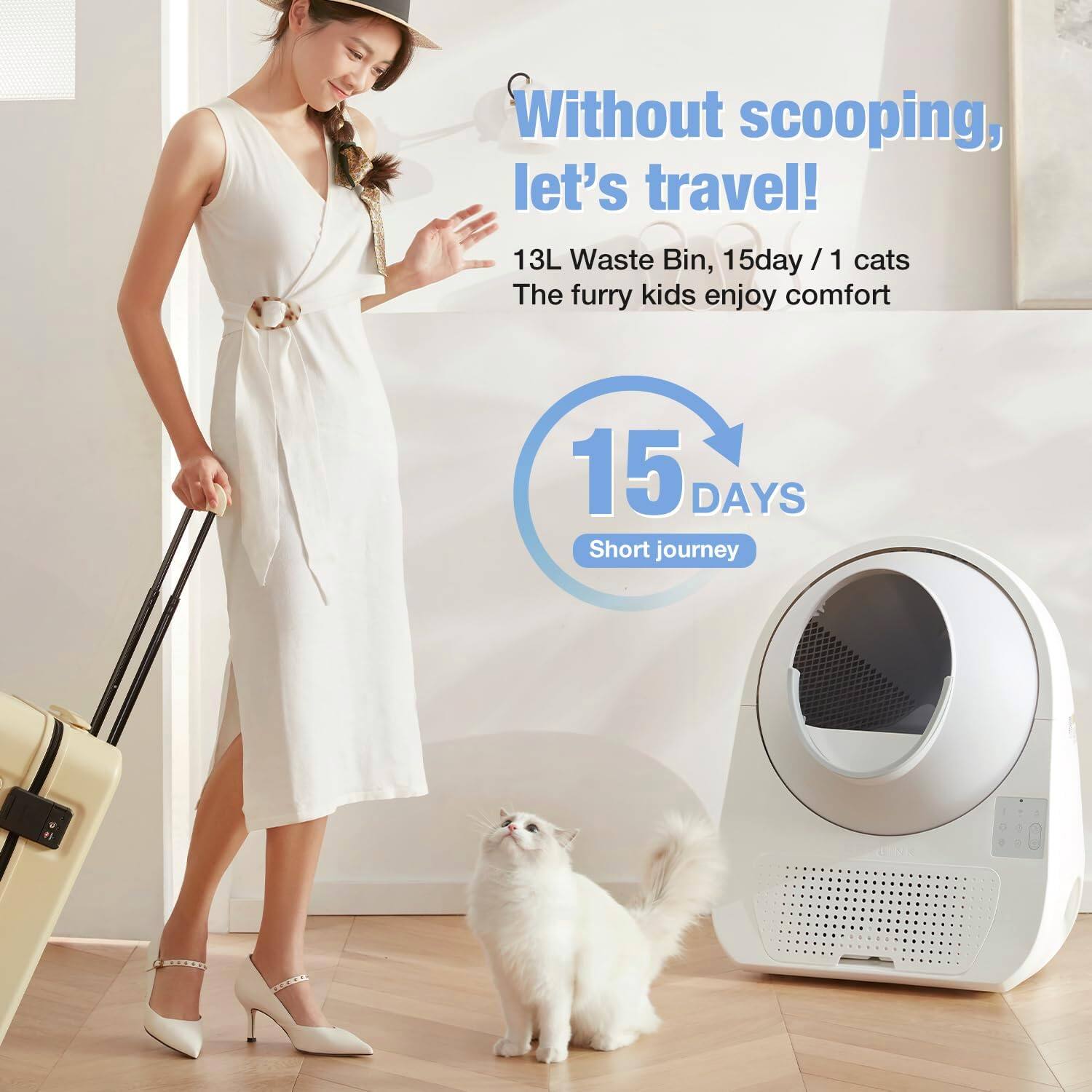 Without scooping, let's travel!  
13L Waste Bin, 15 days / 1 cat  
The furry kids enjoy comfort  
15 DAYS Short journey