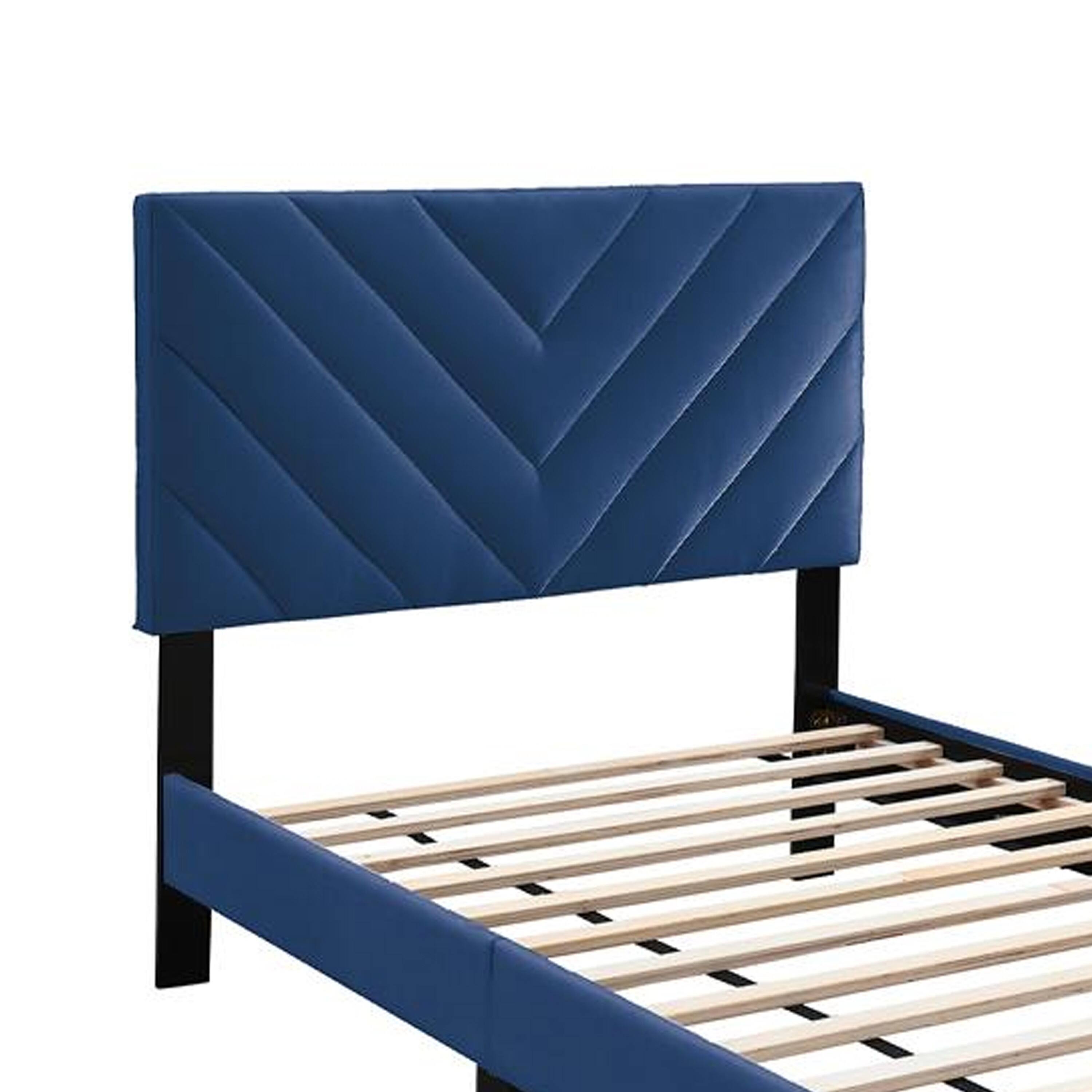 Alt View 2. Manhattan Lane - Lilian Full Bed, Tufted Navy Blue Velvet Upholstery, Chevron Stitch - Navy Blue, Black.