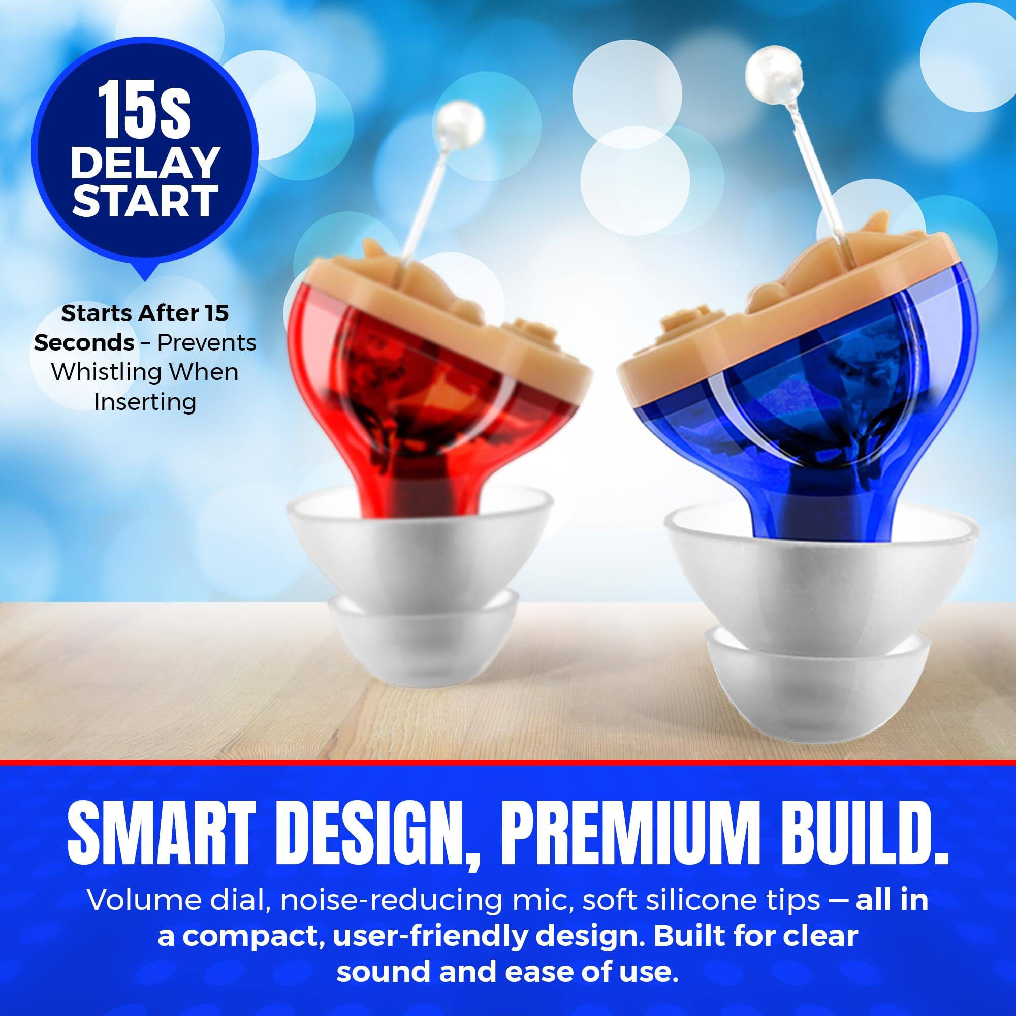 15s DELAY START  
Starts After 15 Seconds – Prevents Whistling When Inserting  

SMART DESIGN, PREMIUM BUILD.  
Volume dial, noise-reducing mic, soft silicone tips – all in a compact, user-friendly design. Built for clear sound and ease of use.