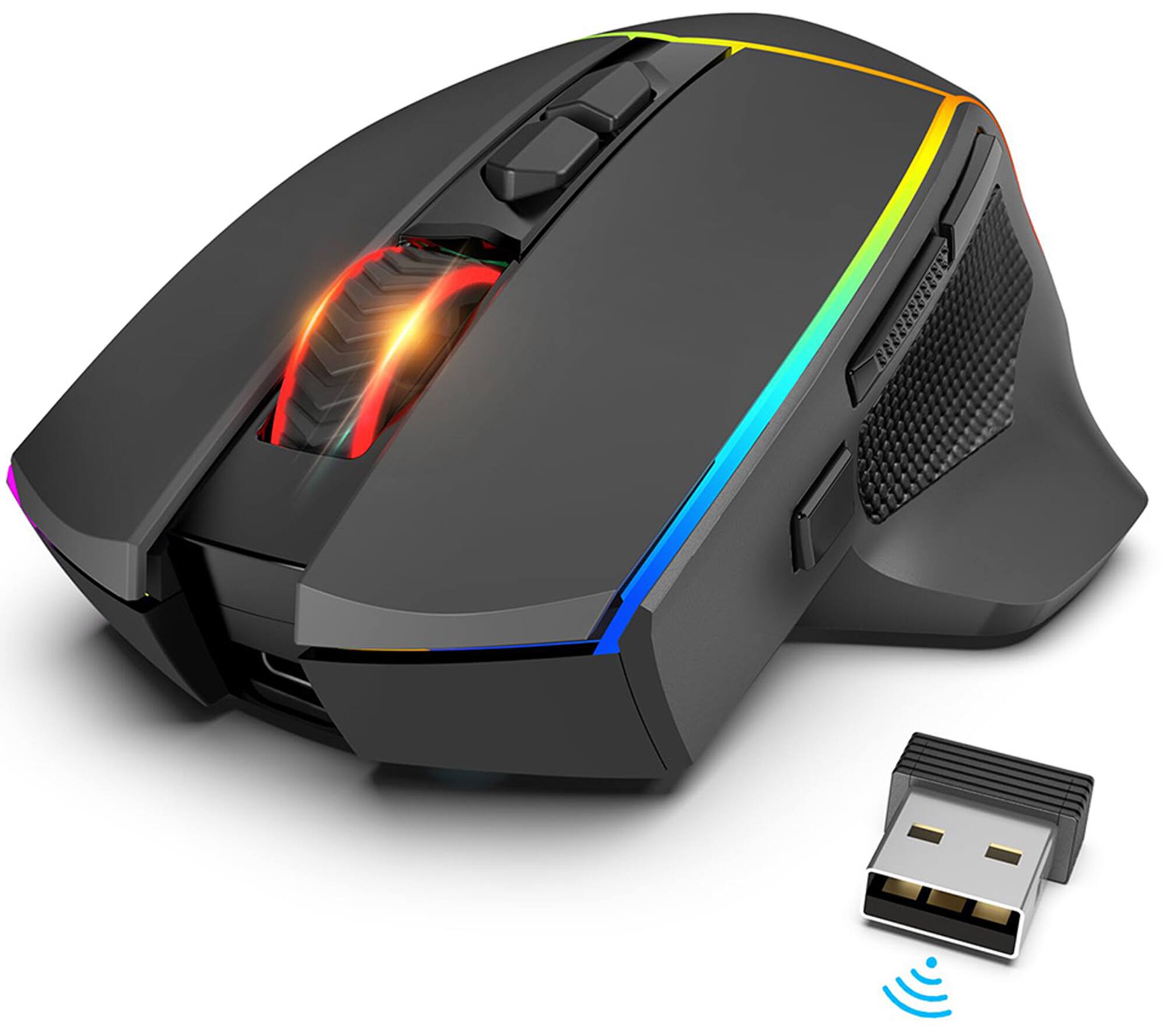 Left. REDRAGON - M814RGB-PRO Wireless Gaming Mouse, Tri-Mode, 8000 DPI, RGB, 8 Programmable Buttons, 250Hrs for PC/Mac/Laptop - Black.