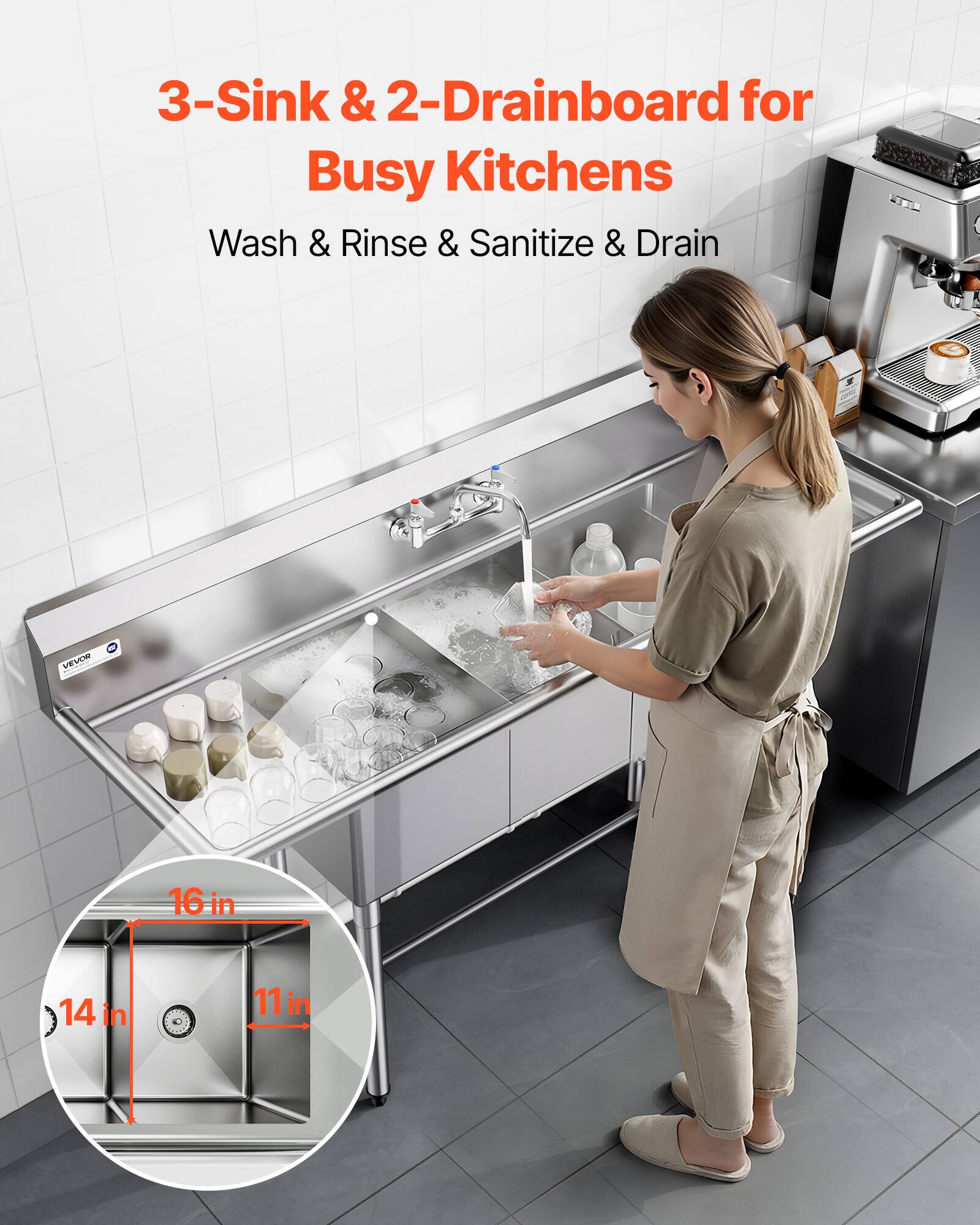 3-Sink & 2-Drainboard for Busy Kitchens  
Wash & Rinse & Sanitize & Drain  

16 in  
14 in  
11 in