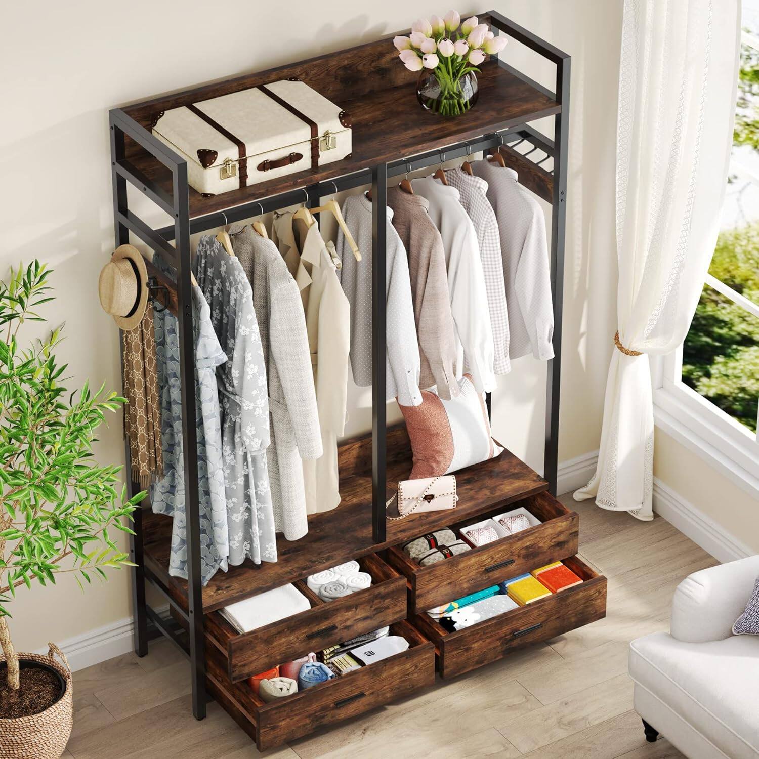 Left. TinyHomie - 472 Rustic Brown Freestanding Closet Organizer Garment Rack 4 Drawers 8 Hooks Shelves Hanging Rod - Brown.