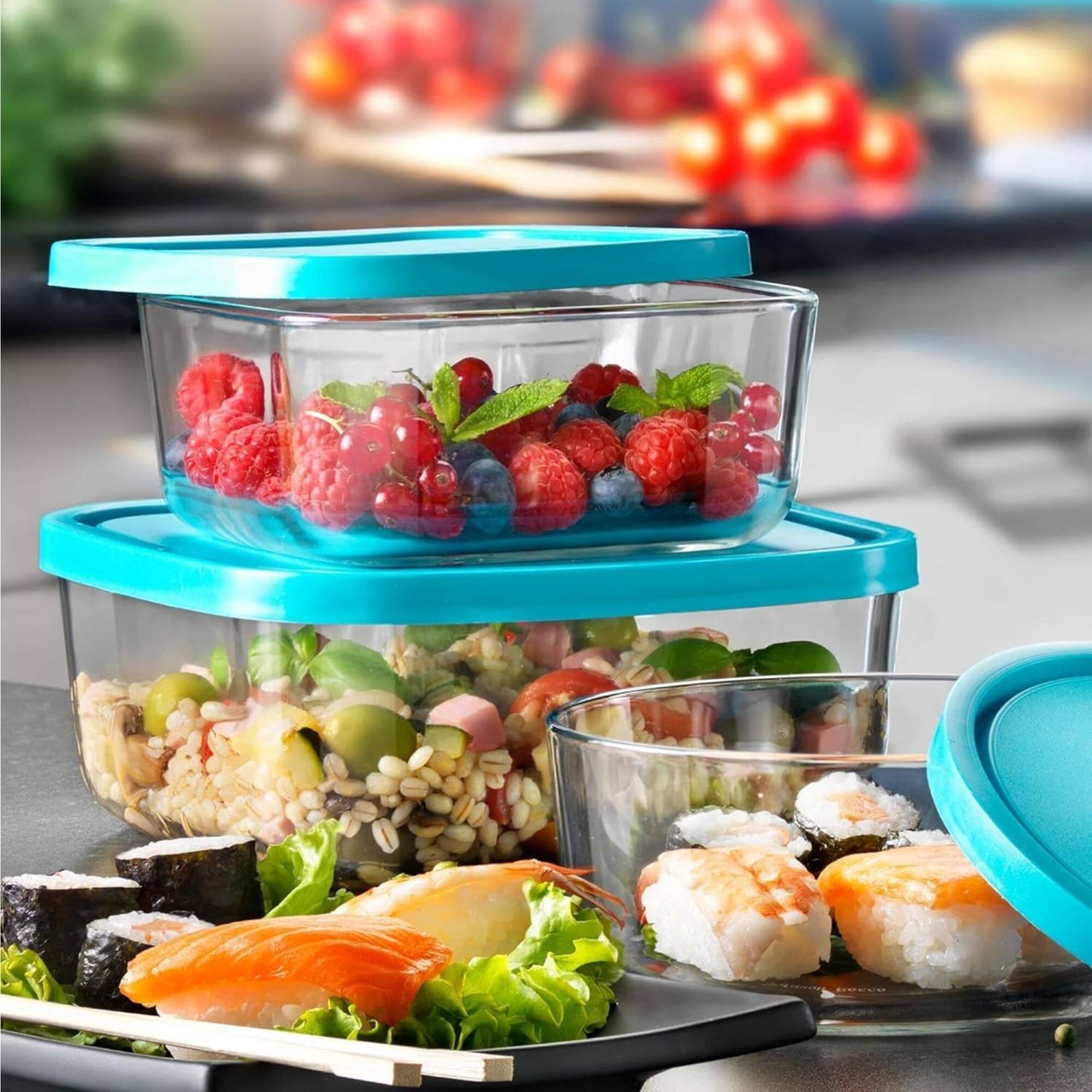 Alt View 2. Bormioli Rocco - Bormioli Rocco Frigoverre Square Glass Food Storage Containers Set, 3-Piece - Clear and Blue.