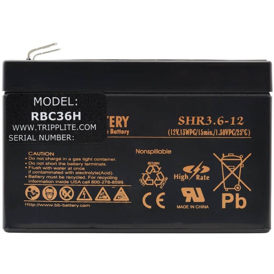 MODEL: RBC36H  
WWW.TRIPPLITE.COM  

SERIAL NUMBER: SHR3.6-12 (12V, 13WPC/15min/1.30VPC/25°C)  

CAUTION  
- Do not charge in a gas tight container.  
- Do not short the battery terminals.  
- Flush with water at once if contaminated with electrolyte (Acid).  
- Battery must be recycled. For recycling information inside USA call 800-278-8599  

Http://www.bb-battery.com  

'ERY Battery  
Nonspillable  
RETURN  
High Rate  
MADE IN CHINA  
Pb  
CE