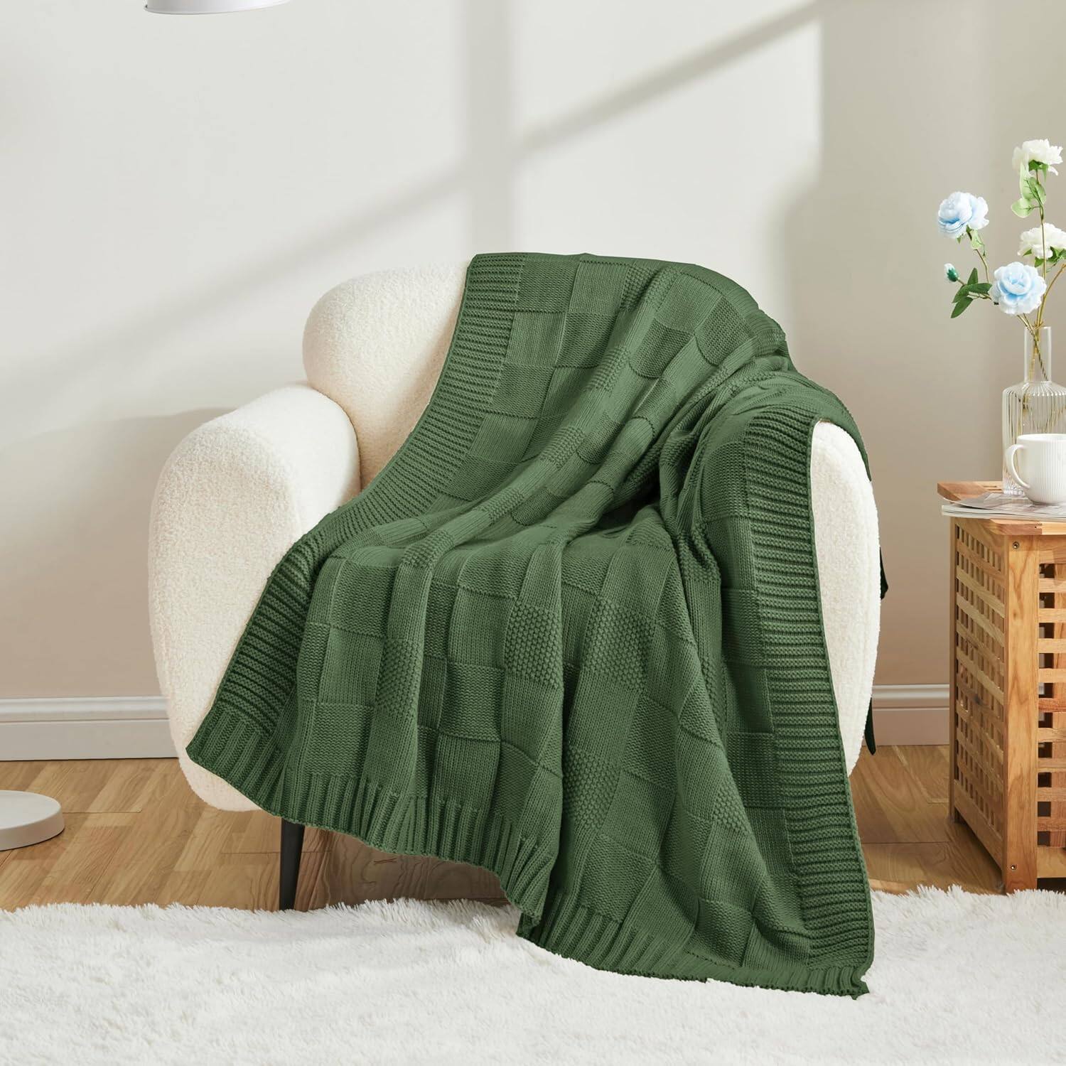 Angle. blue - Paaaawaters Check Knit Throw Blanket, Christmas Green Checkered Bedroom Blanket for Couch, Soft Cozy Warm Knitted - color:Pink+size:60"X80".