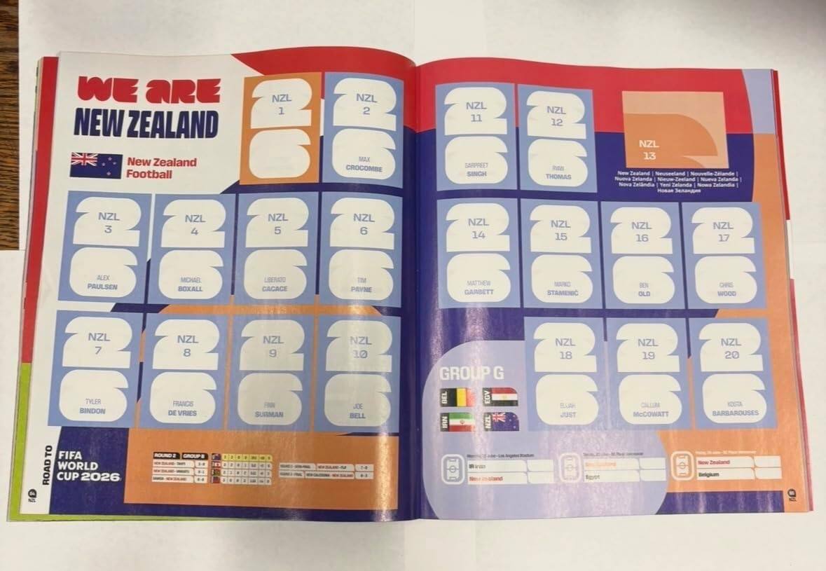 WE ARE NEW ZEALAND  
New Zealand Football  

NZL 1  
NZL 2  
NZL 3  
NZL 4  
NZL 5  
NZL 6  
NZL 7  
NZL 8  
NZL 9  
NZL 10  
NZL 11  
NZL 12  
NZL 13  
NZL 14  
NZL 15  
NZL 16  
NZL 17  
NZL 18  
NZL 19  
NZL 20  

PAULSEN  
ALEX  
BOXALL  
MICHAEL  
CACACE  
LIBERATO  
PAYNE  
TYLER  
BINDON  
DE FRANCIS  
VRIES  
B6  
SURMAN  
B5  
BELL  
JOE  

GROUP G  
Belgium  
Morocco  
Canada  
New Zealand  

ROAD TO FIFA WORLD CUP 2026