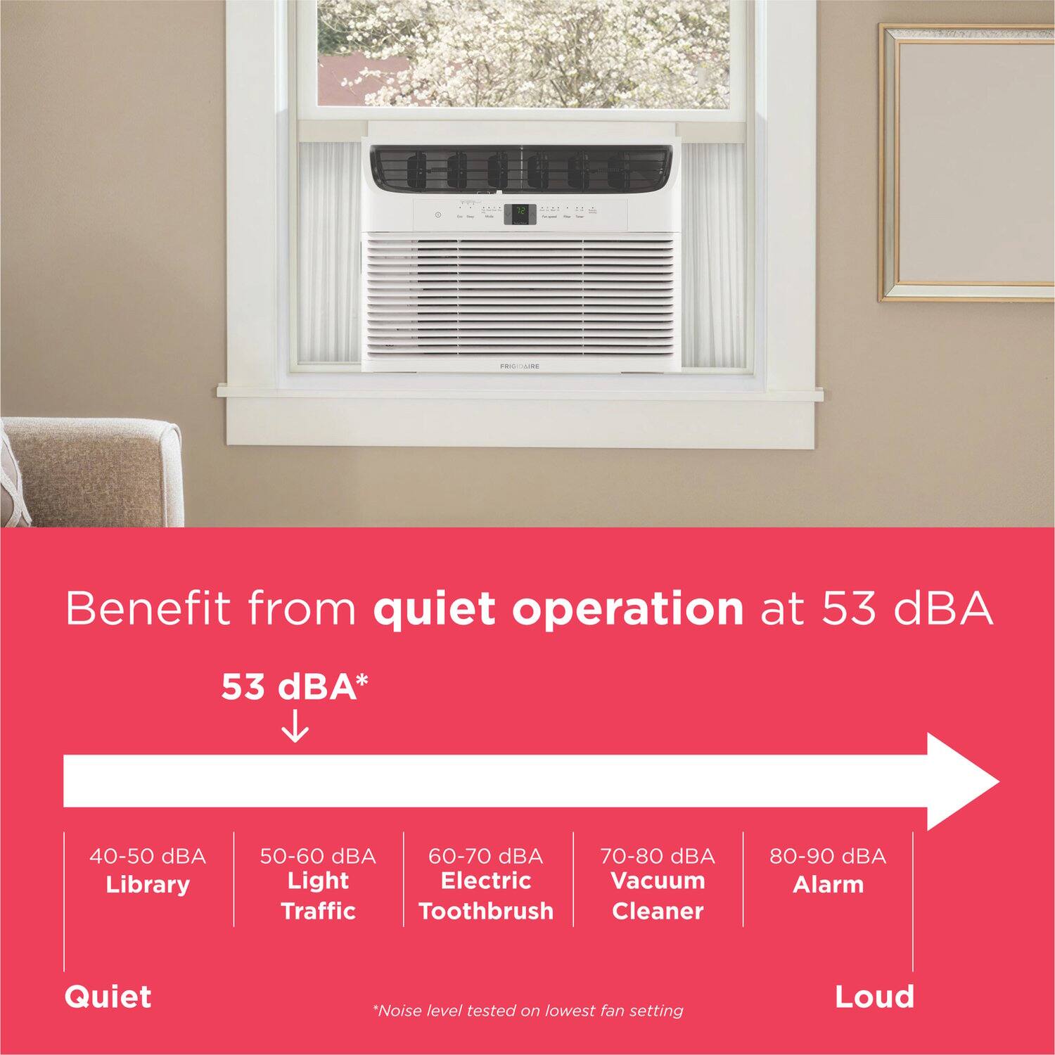 Benefit from quiet operation at 53 dBA

53 dBA*

40-50 dBA Library  
50-60 dBA Light Traffic  
60-70 dBA Electric Toothbrush  
70-80 dBA Vacuum Cleaner  
80-90 dBA Alarm

Quiet

*Noise level tested on lowest fan setting

Loud