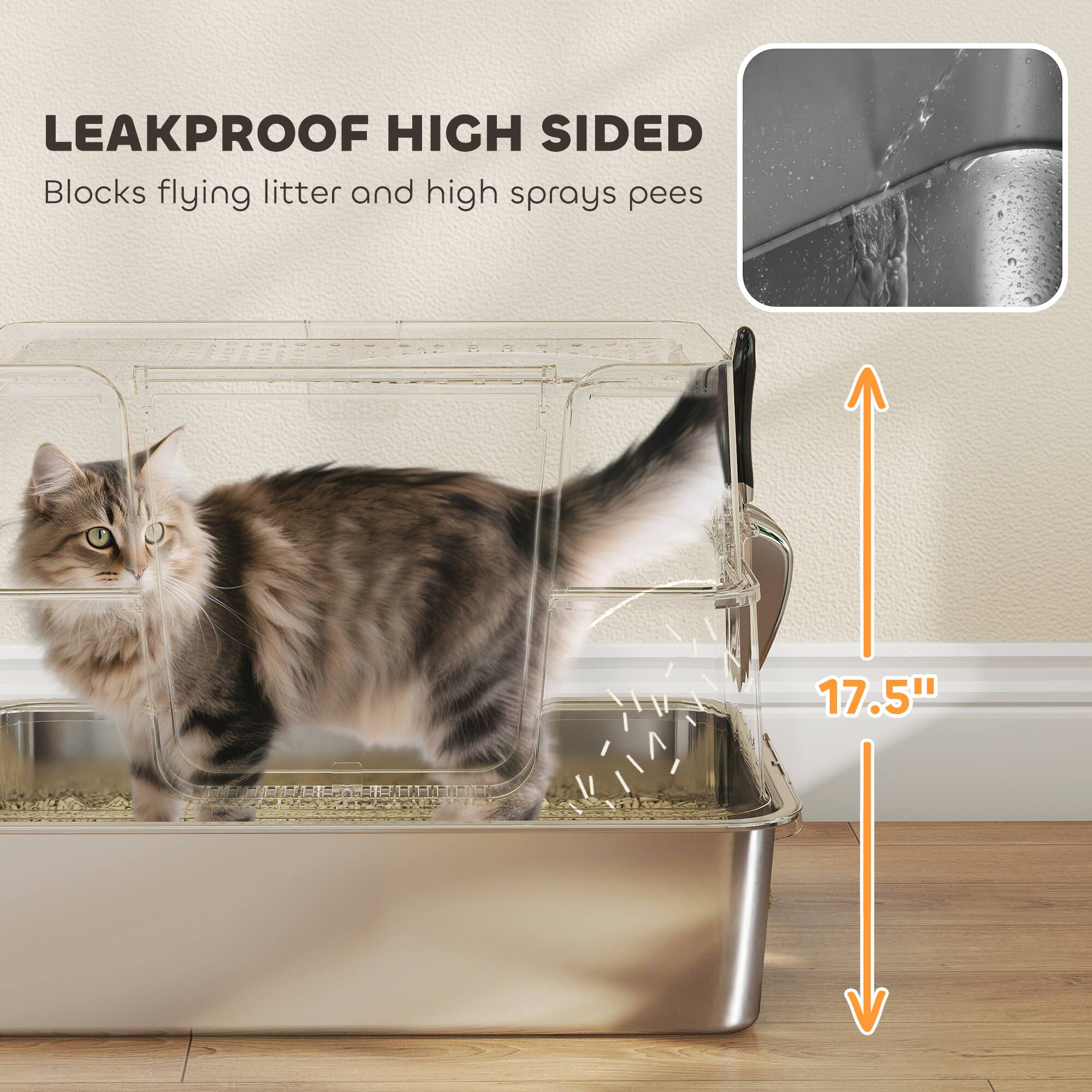 LEAKPROOF HIGH SIDED  
Blocks flying litter and high sprays pees  
17.5"