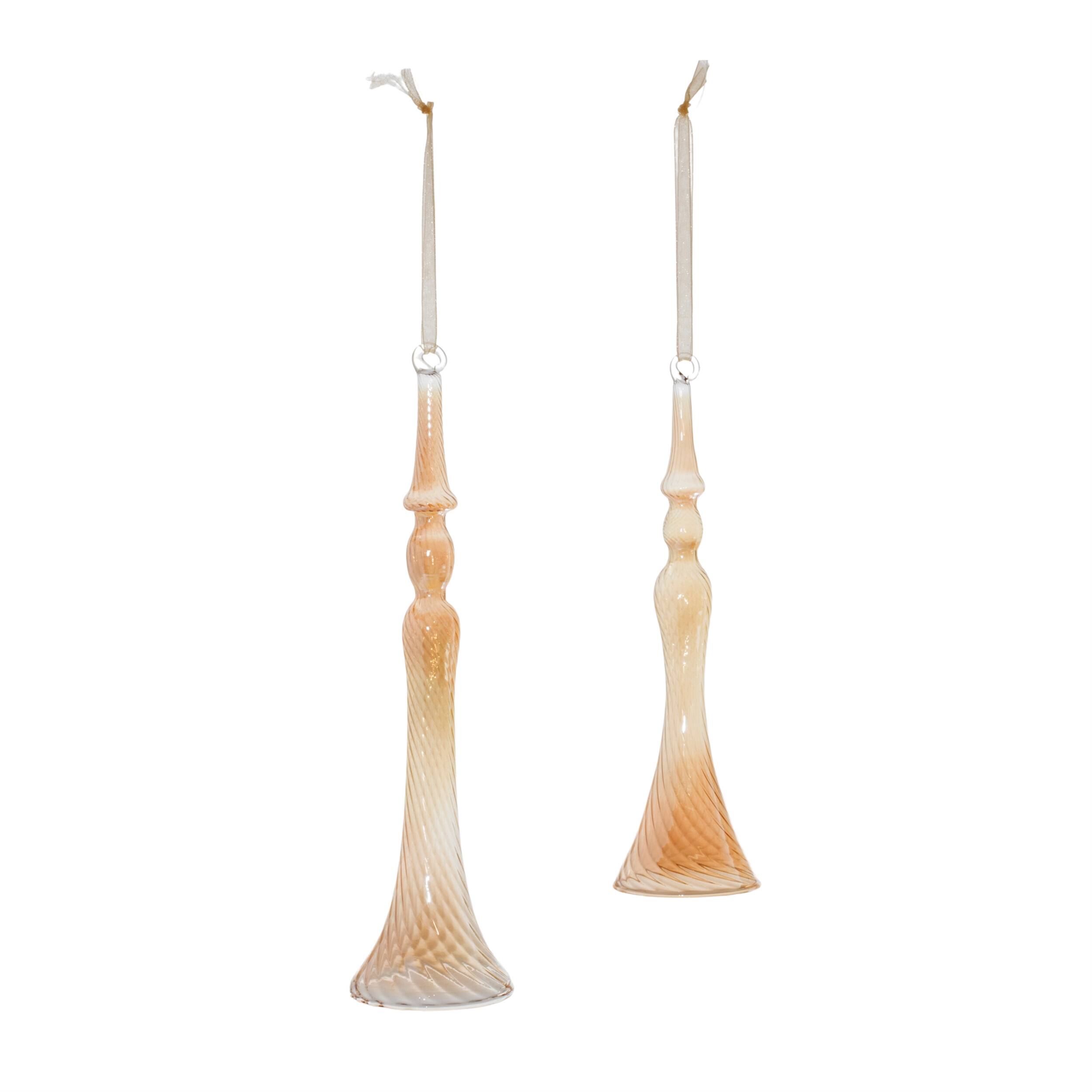 Angle. BreeBe - Amber Ombre Swirl Glass Drop Ornament (Set of 12) - Orange, Beige.