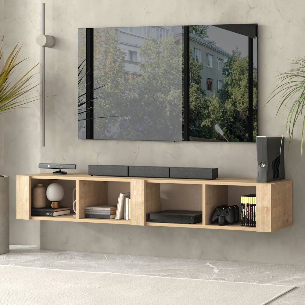 Angle. Atelier Mobili - Floating TV Stand for 75 Inch TVs – Wall Mounted Entertainment Center - Beige.