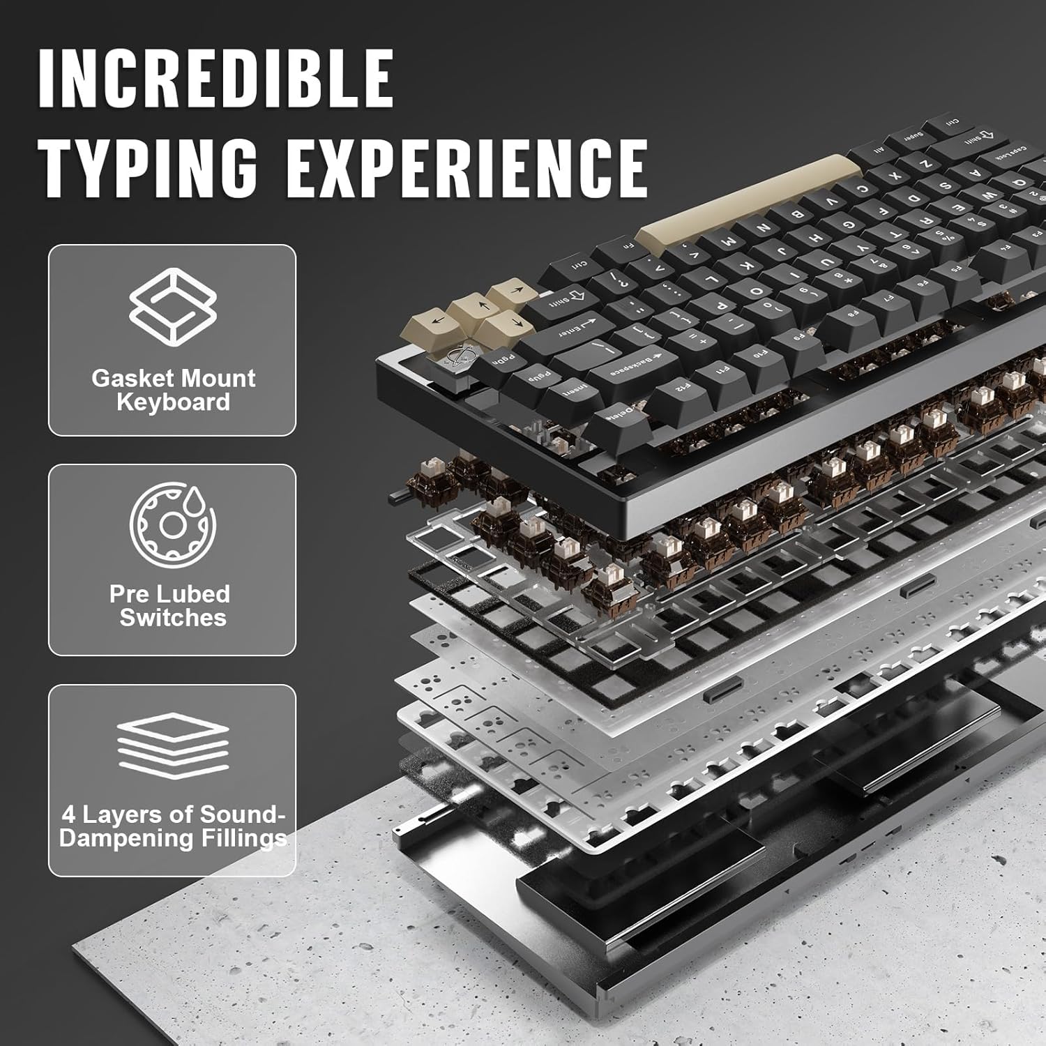 INCREDIBLE TYPING EXPERIENCE

- Gasket Mount Keyboard
- Pre Lubed Switches
- 4 Layers of Sound Dampening Fillings