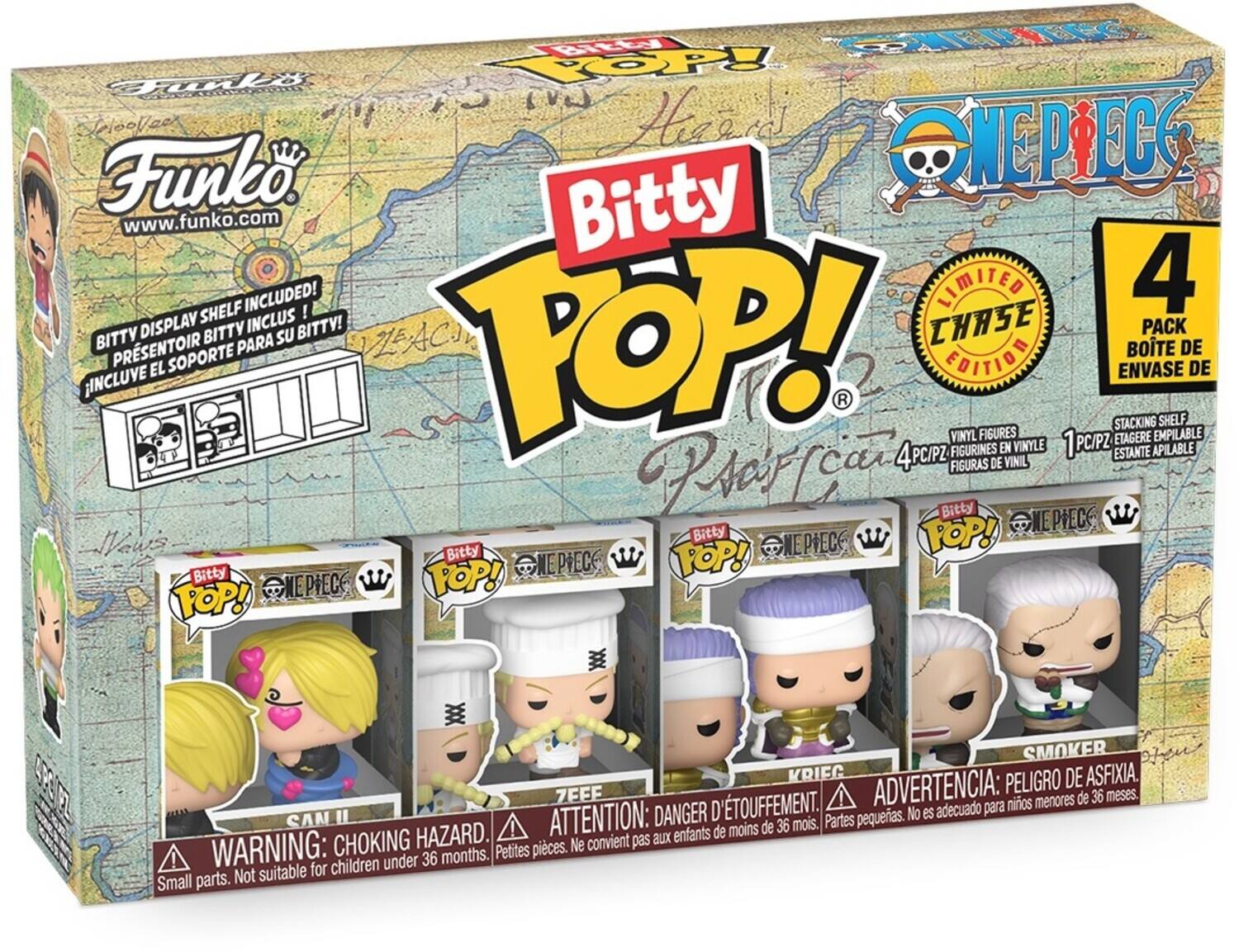 Sure, here is the corrected and grouped text from the image:

---

**Funko**  
www.funko.com

**Bitty POP!**  
ONE PIECE

**BITTY DISPLAY SHELF INCLUDED!**  
PRESENTOIR BITTY INCLUS!  
INCLUYE EL SOPORTE PARA SU BITTY!

**LIMITED CHASE EDITION**

**4 PACK**  
BOITE DE 4  
ENVASE DE 4  
VINYL FIGURES  
FIGURINES EN VINYLE  
1 PC/PZ  
STACKING SHELF  
ETAGERE EMPILABLE  
ESTANTE APILABLE

**WARNING: CHOKING HAZARD.**  
Small parts. Not suitable for children under 36 months.  
ADVERTENCIA: DANGER D'ÉTOUFFEMENT.  
Petites pièces. Ne convient pas aux enfants de moins de 36 mois.  
ADVERTENCIA: PELIGRO DE ASFIXIA.  
Partes pequeñas. No es adecuado para niños menores de 36 meses.

**SAN II**  
**ZEEF**  
**KRIEG**  
**SMOKER**

---

This text is organized to reflect the information on