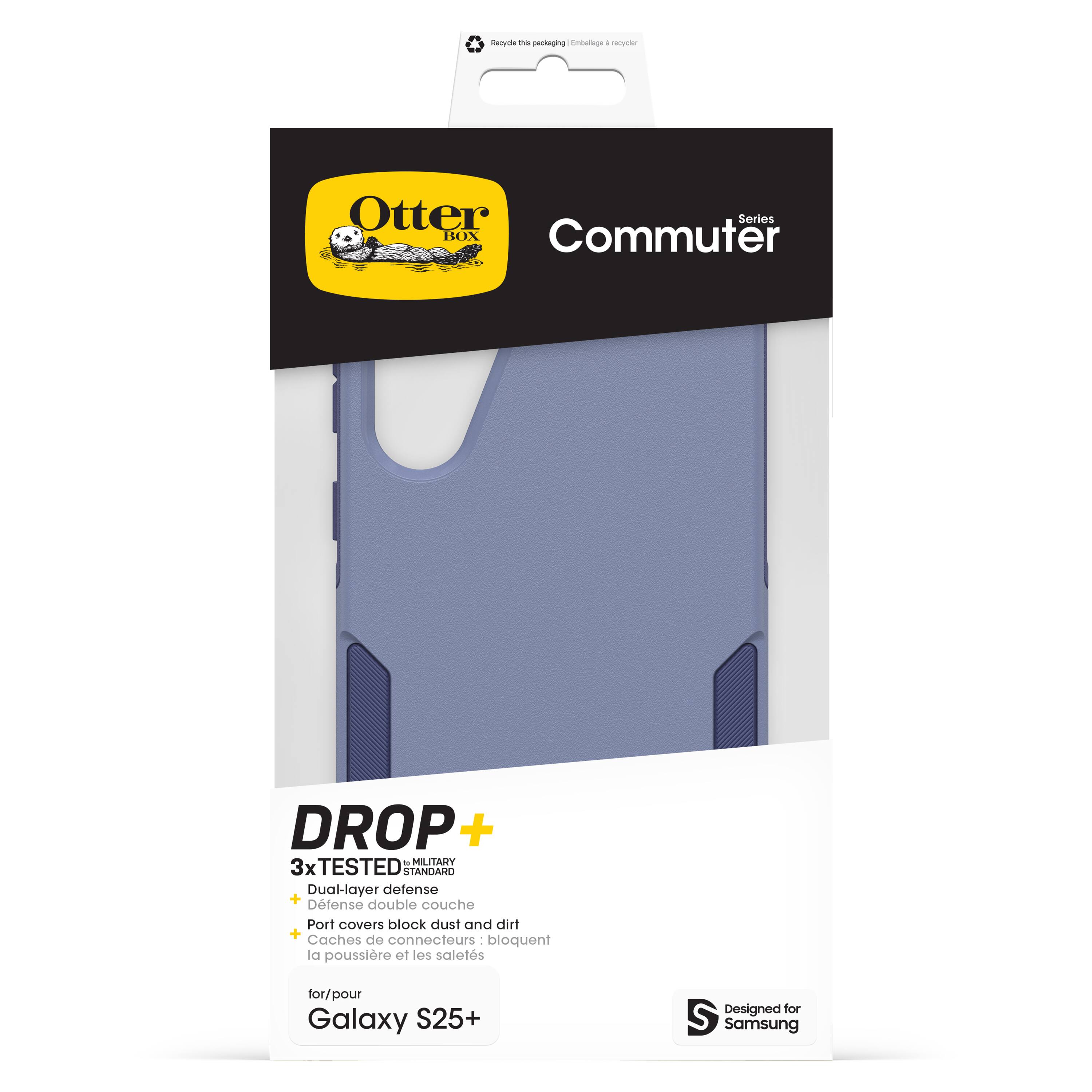 The text on the image reads: "iyae the geckaging Enbologe - etter Otter Sories BOX Commuter DROP + MILITARY 3xTESTED 3x STANDARO Dual-layer defense + Dtense double couche Port covers block dust and dirt Caches de connecteurs - bloquent la poussire el les saletos for/pour Galaxy S25+ Designed for S Samsung."