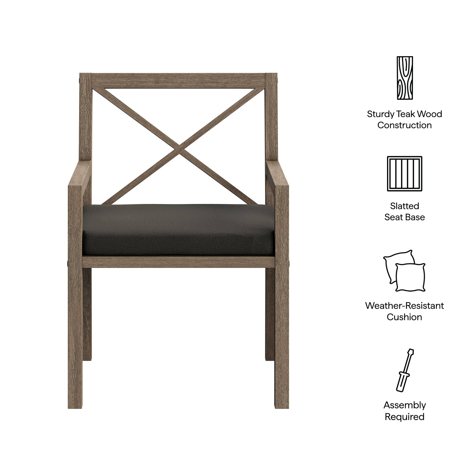 Sturdy Teak Wood Construction  
Slatted Seat Base  
Weather-Resistant Cushion  
Assembly Required