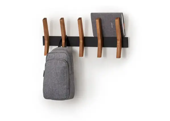 Front. TRINITY - DRAKESTONE Mid-Century Coat Rack w/ 5 Wooden Hooks Black - Black.