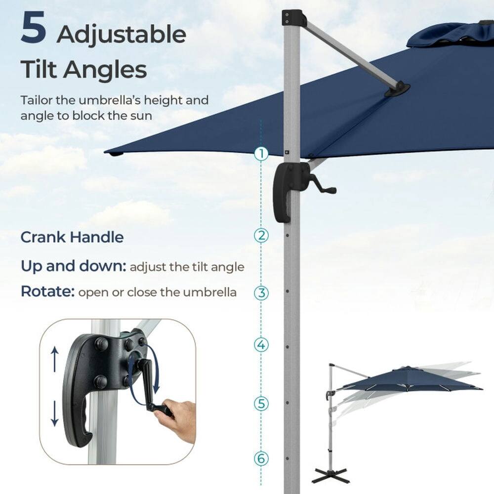 5 Adjustable Tilt Angles  
Tailor the umbrella's height and angle to block the sun  

Crank Handle  
1. Up and down: adjust the tilt angle  
2. Rotate: open or close the umbrella