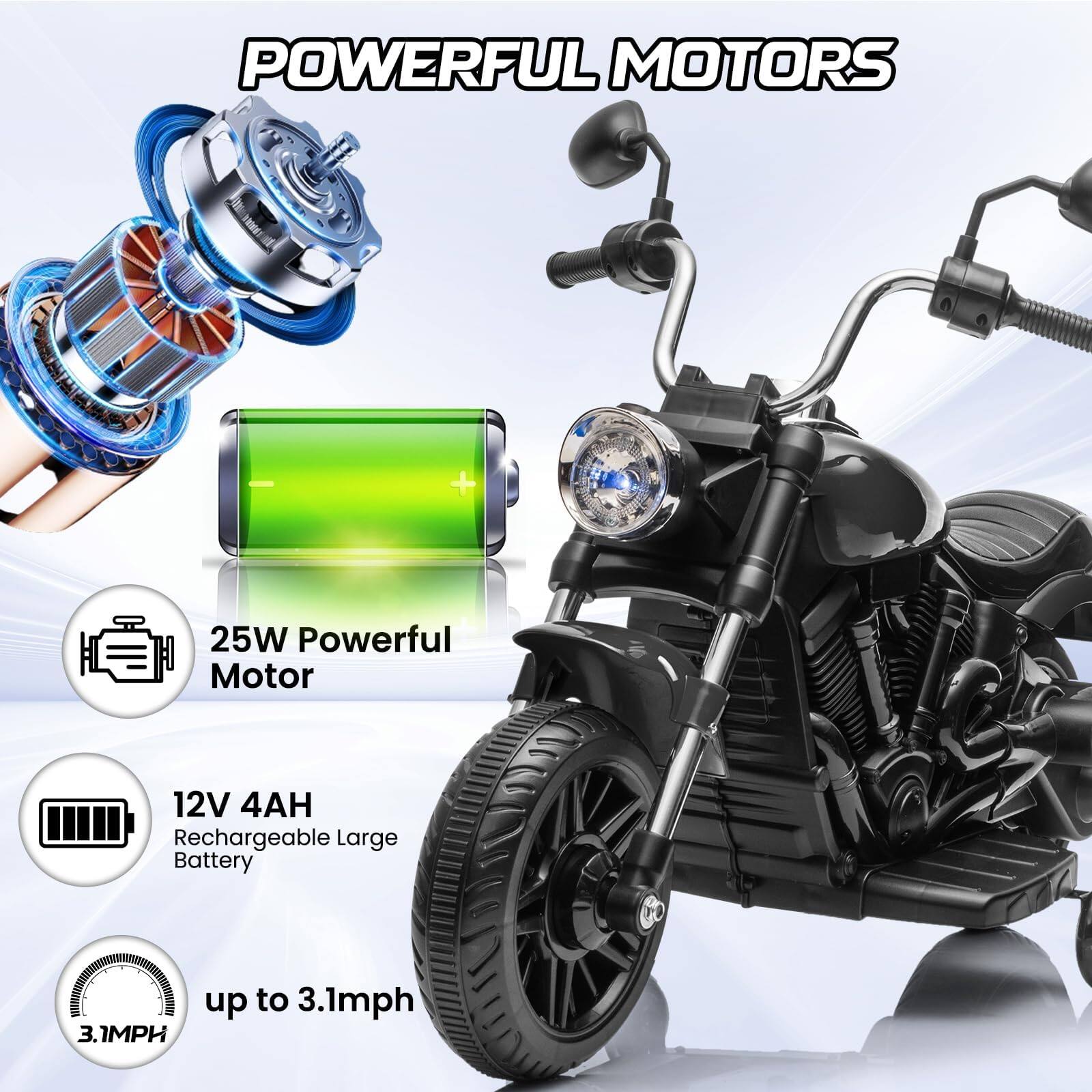 POWERFUL MOTORS

25W Powerful Motor

12V 4AH Rechargeable Large Battery

up to 3.1mph