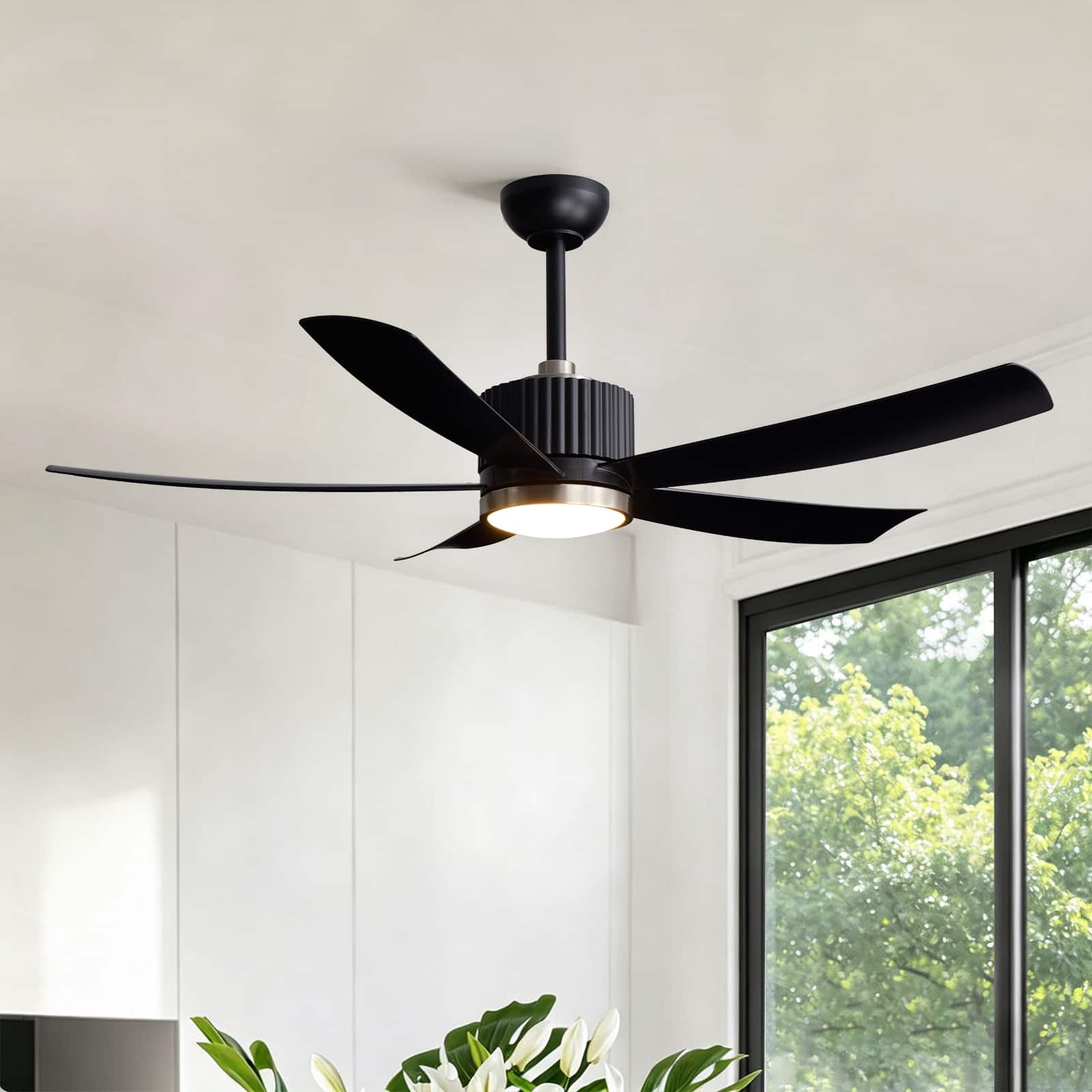 Siljoy - 52" Modern Indoor Ceiling Fan with LED Light, 5 Reversible Blades, 6-Speed DC Motor, Remote Control and Timer Function - Deep Matte Black