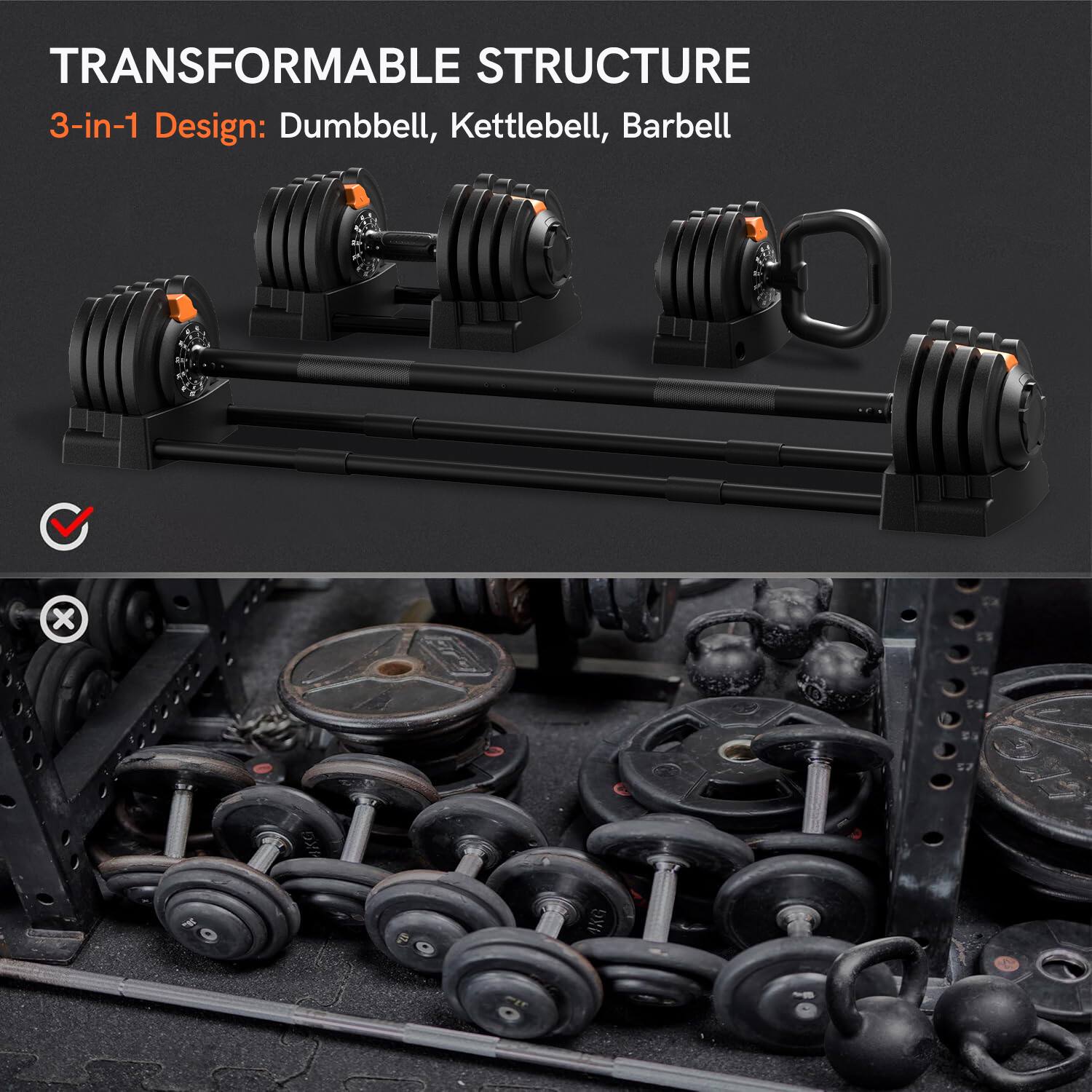 TRANSFORMABLE STRUCTURE
3-in-1 Design: Dumbbell, Kettlebell, Barbell