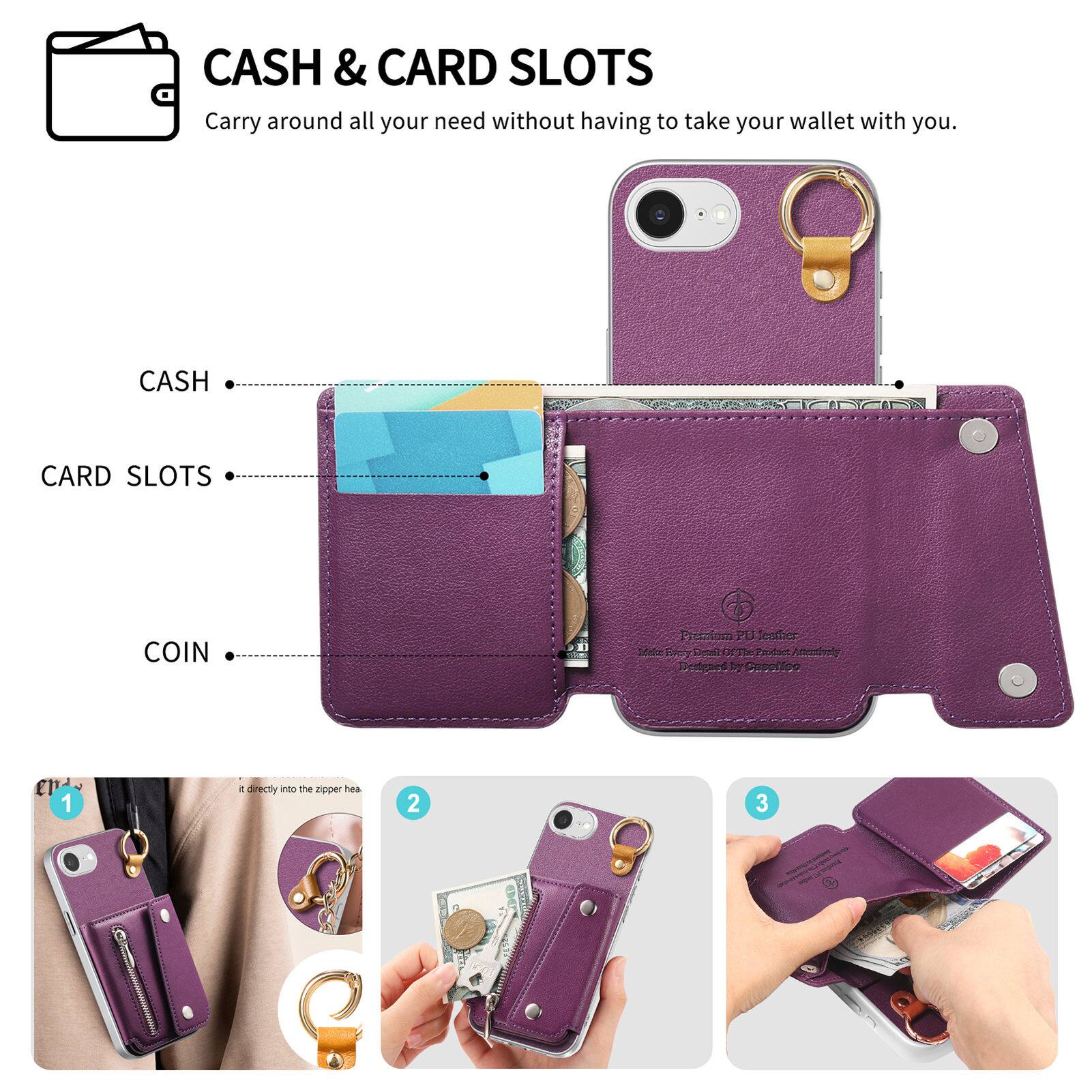 CASH & CARD SLOTS  
Carry around all your need without having to take your wallet with you.

CASH  
CARD SLOTS  
COIN  

Premium PU leather, Attenfevely Designed, 20g Capacity

1. It directly into the zipper head  
2.  
3.