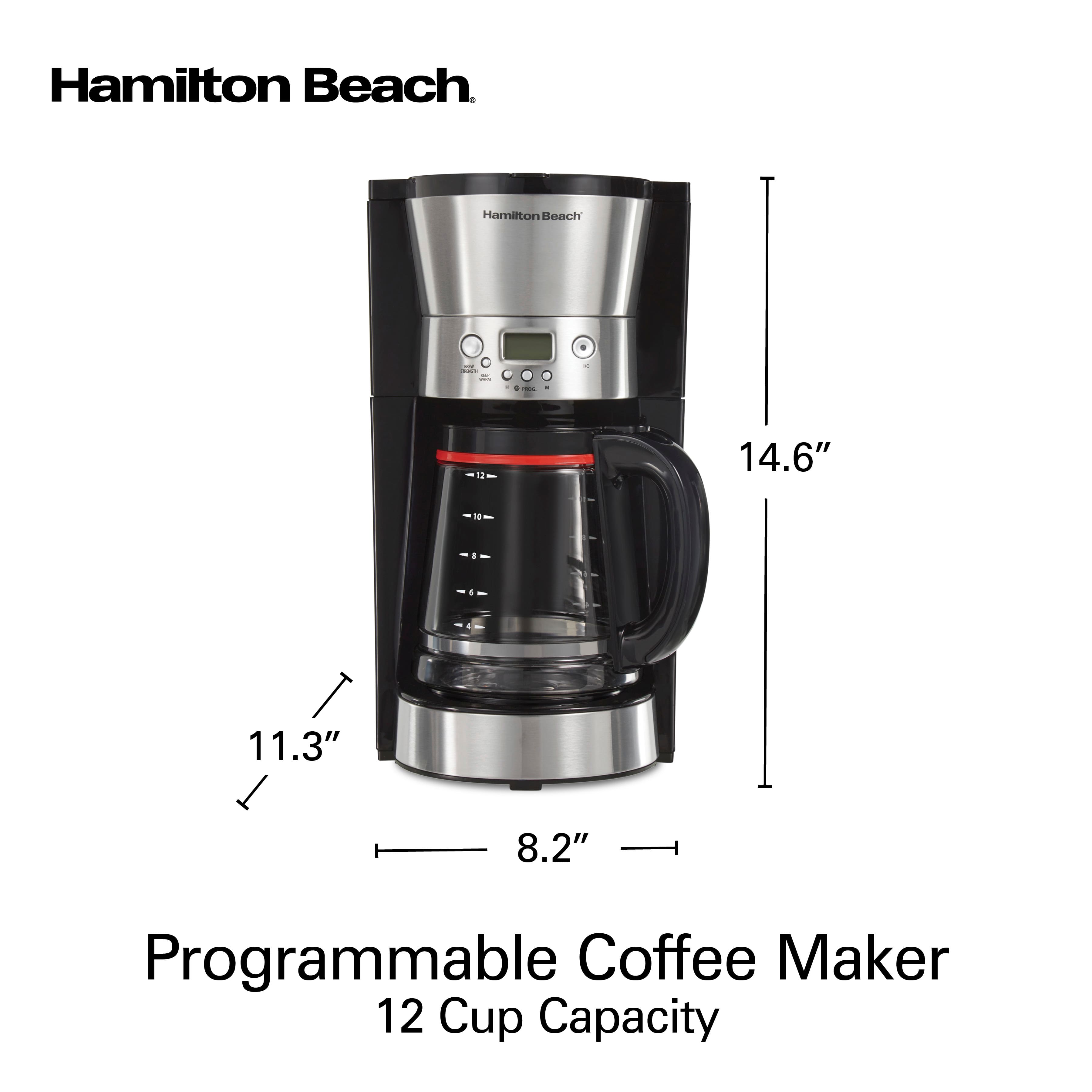 Hamilton Beach
Programmable Coffee Maker
12 Cup Capacity
Dimensions:
- Height: 14.6"
- Width: 11.3"
- Depth: 8.2"