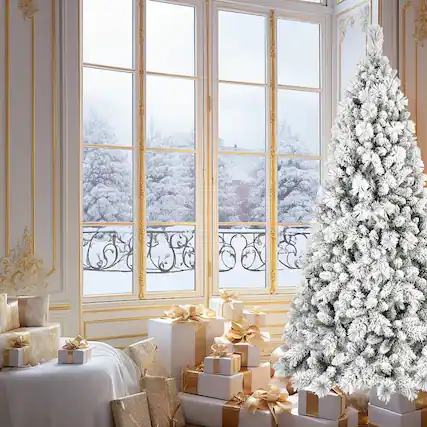 Front. APRILSOUL - 8FT Flocked Christmas Tree with 1445 Tips Snowy PVC and Hard Needle Branches Hinged Structure - Green,White.